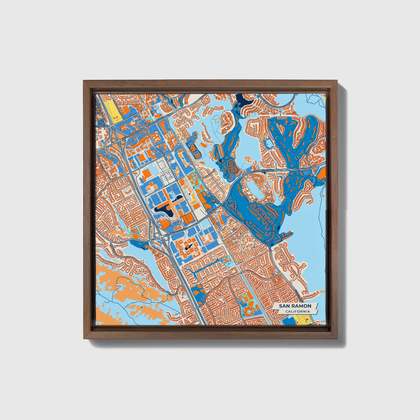 San Ramon California Colorful City Map Canvas Print • Dark Wooden Framed