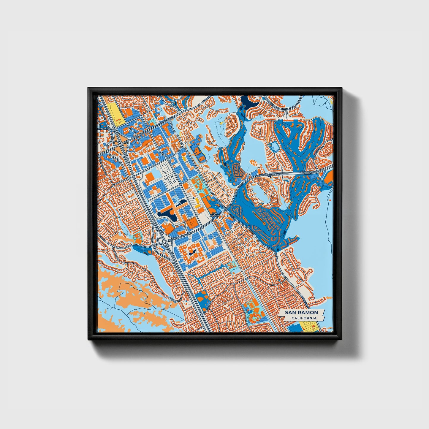 San Ramon California Colorful City Map Canvas Print • Black Framed