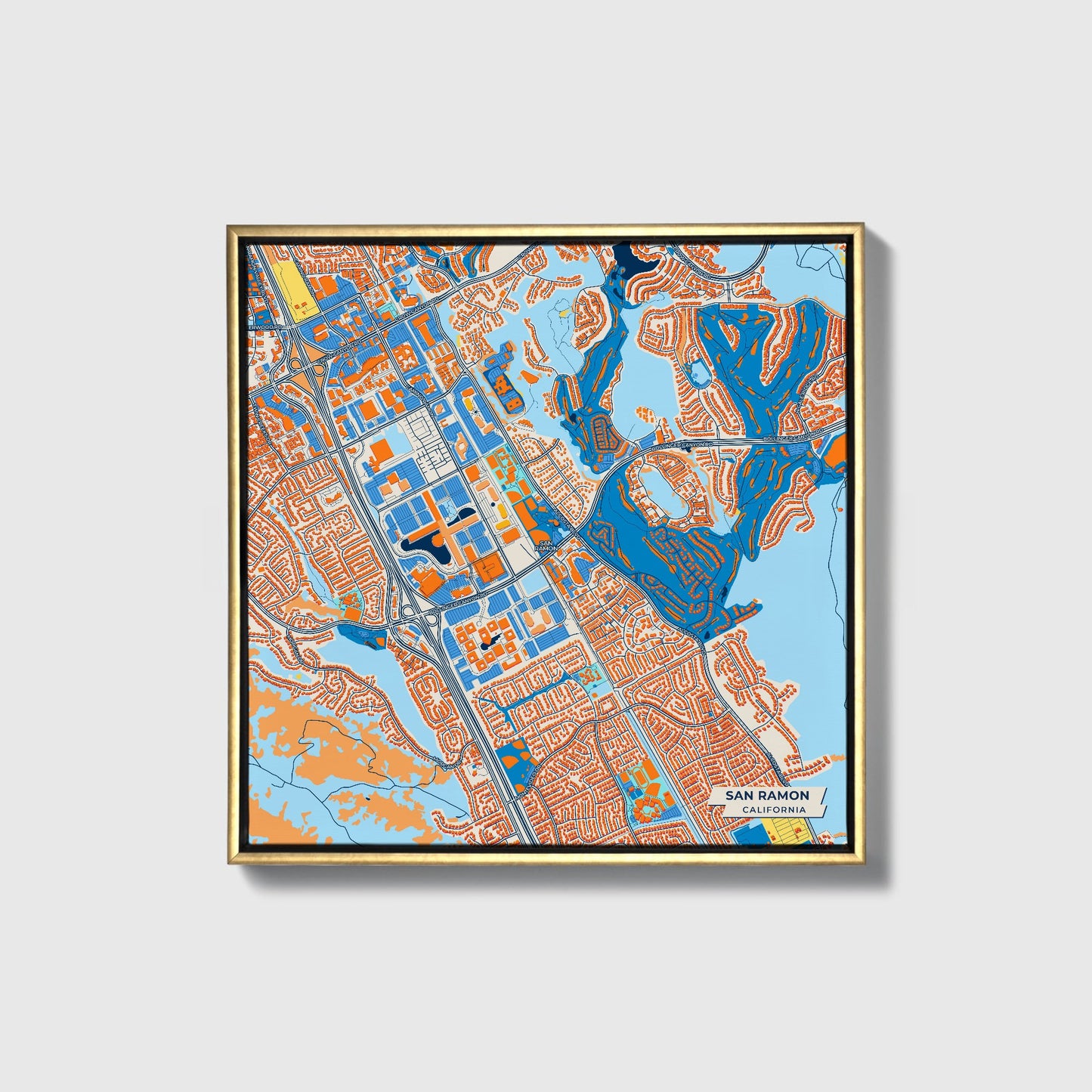 San Ramon California Colorful City Map Canvas Print • Gold Framed