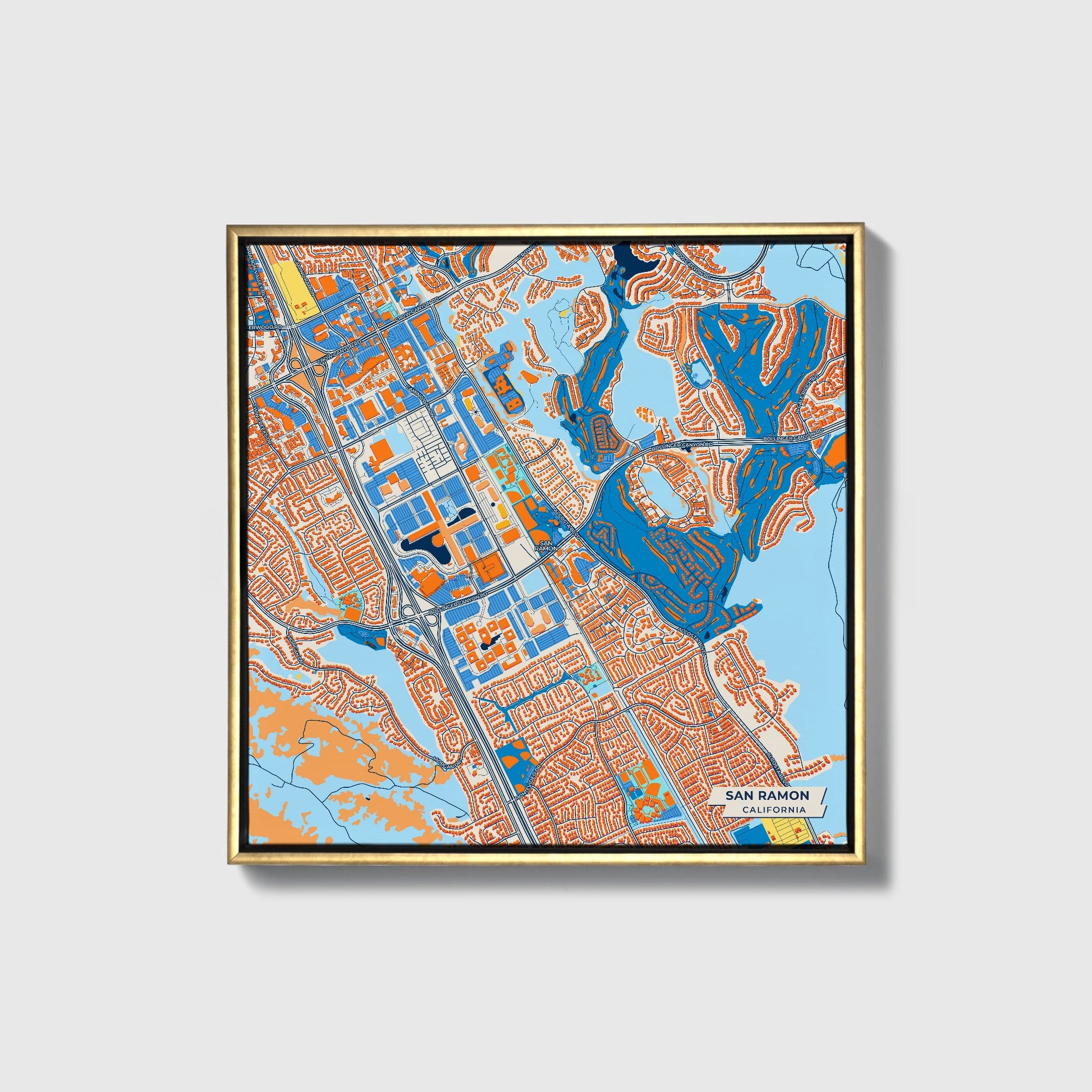 San Ramon California Colorful City Map Canvas Print • Gold Framed