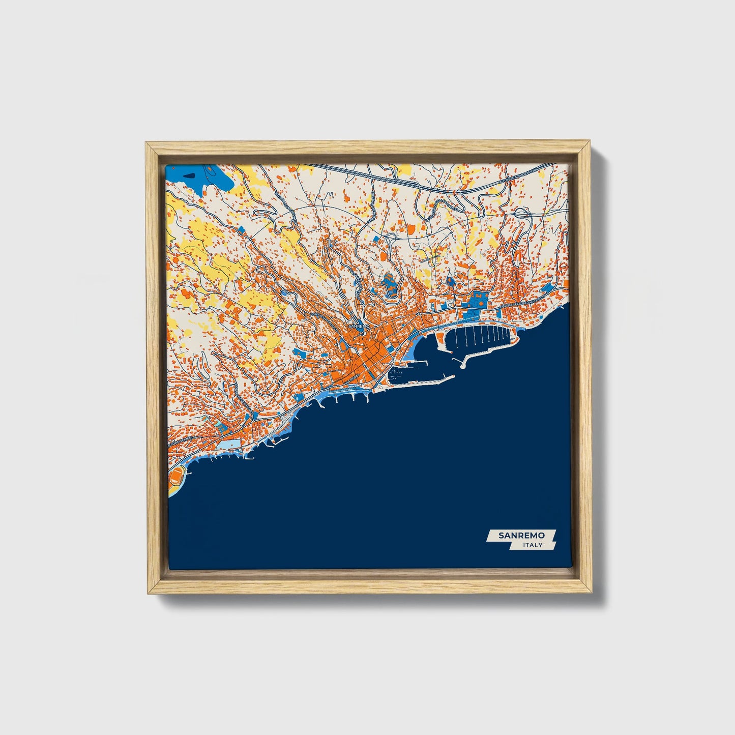 Sanremo Italy Colorful City Map Canvas Print • Natural Wooden Framed