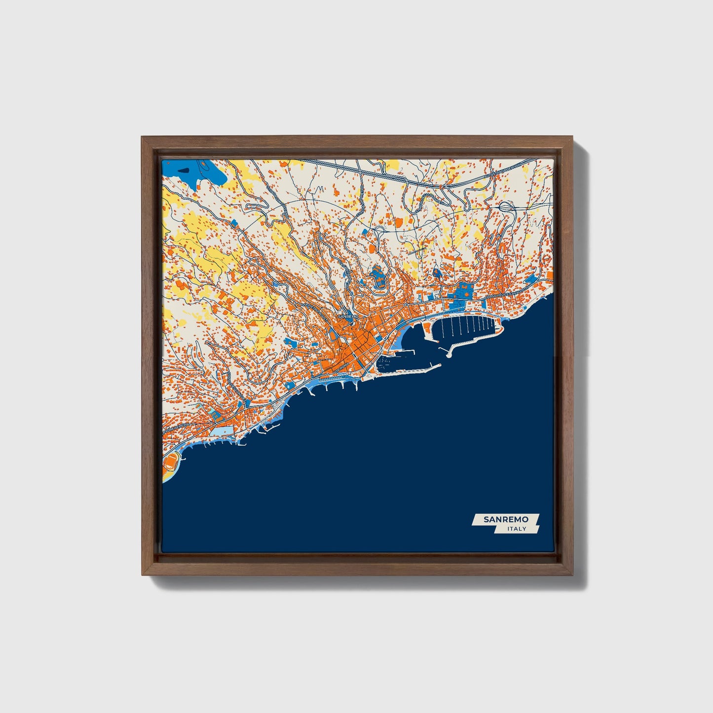Sanremo Italy Colorful City Map Canvas Print • Dark Wooden Framed