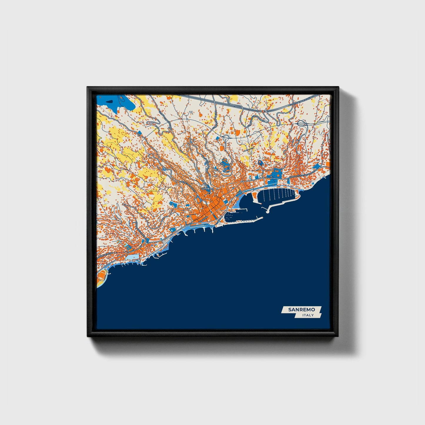 Sanremo Italy Colorful City Map Canvas Print • Black Framed