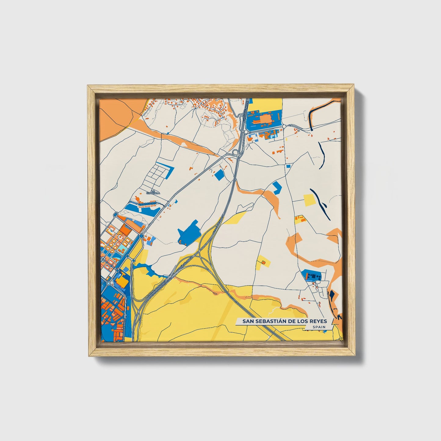 San Sebastián De Los Reyes Spain Colorful City Map Canvas Print • Natural Wooden Framed