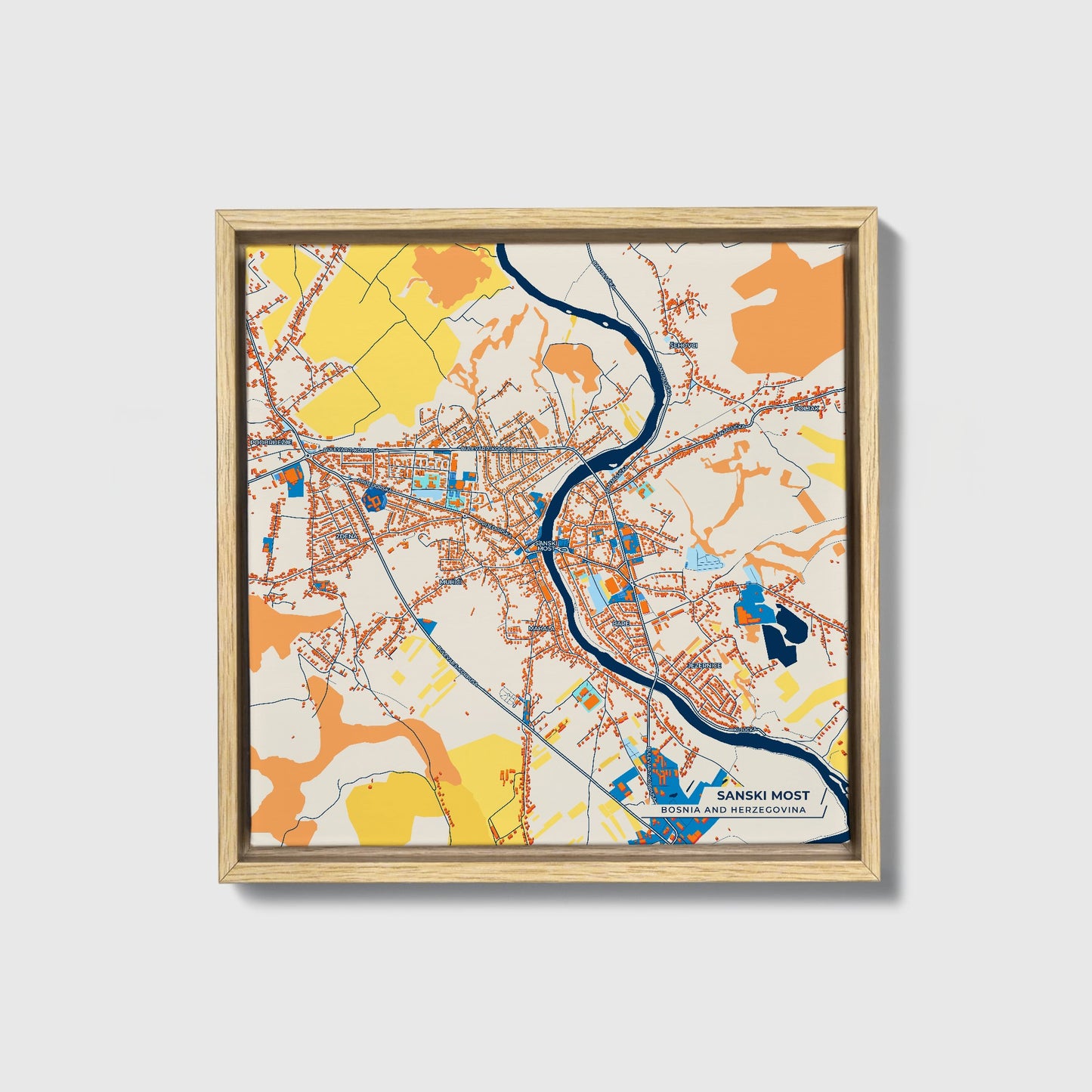 Sanski Most Bosnia And Herzegovina Colorful City Map Canvas Print • Natural Wooden Framed