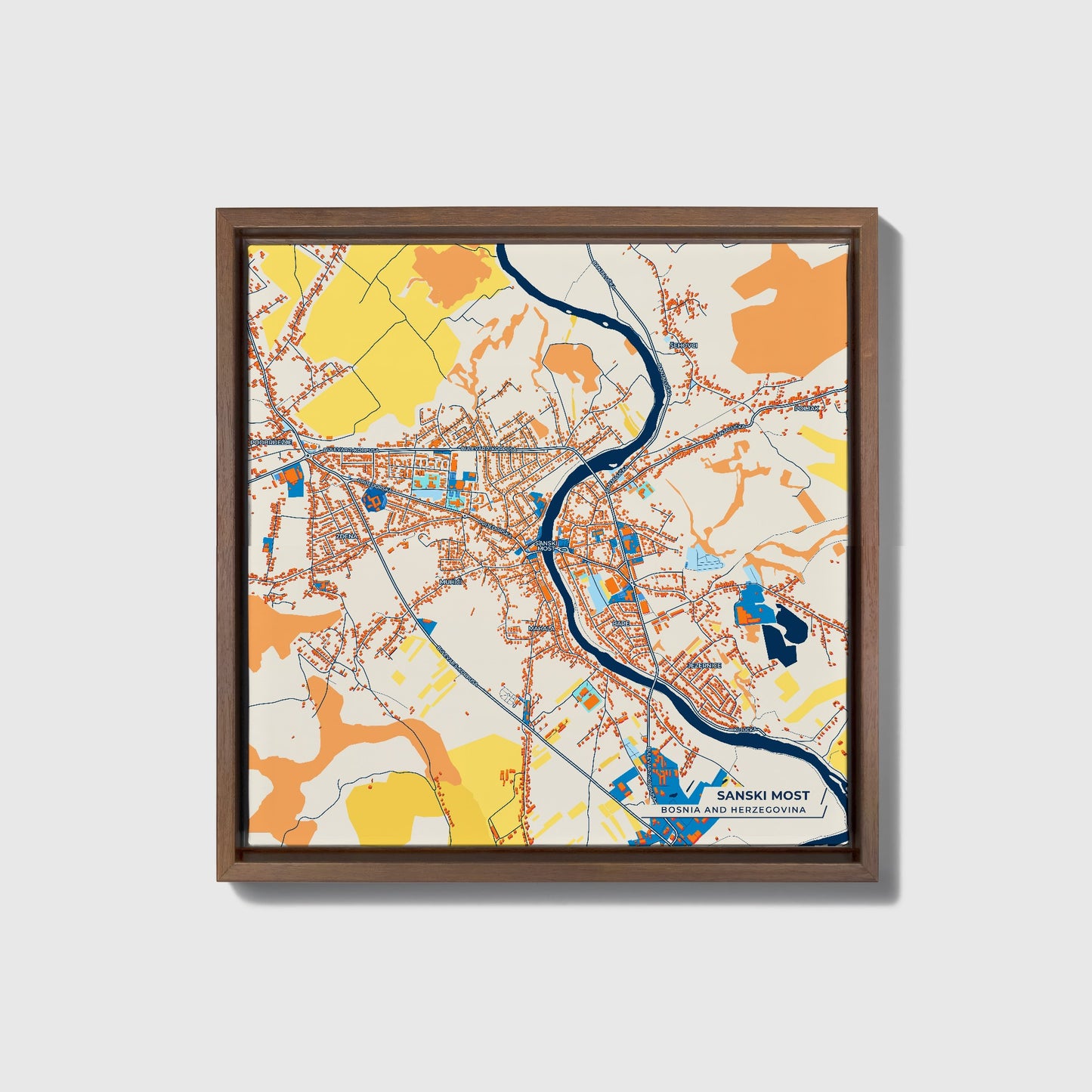 Sanski Most Bosnia And Herzegovina Colorful City Map Canvas Print • Dark Wooden Framed