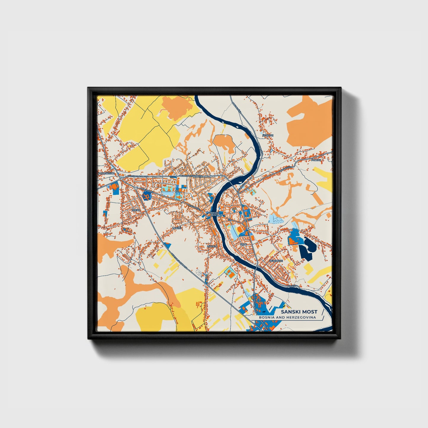 Sanski Most Bosnia And Herzegovina Colorful City Map Canvas Print • Black Framed