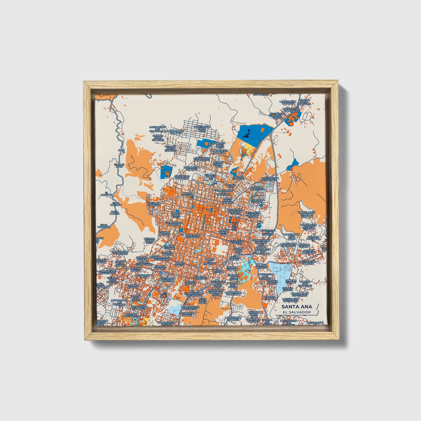 Santa Ana El Salvador Colorful City Map Canvas Print • Natural Wooden Framed