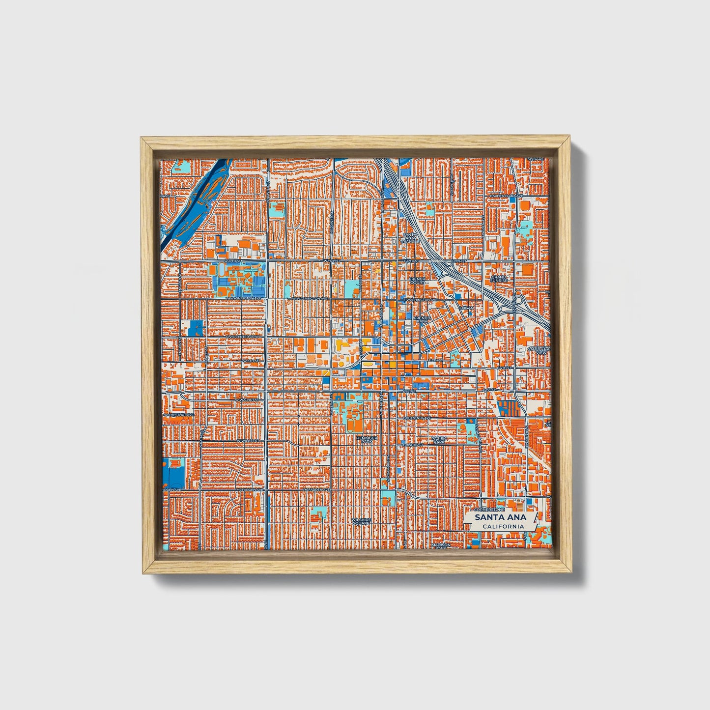 Santa Ana California Colorful City Map Canvas Print • Natural Wooden Framed