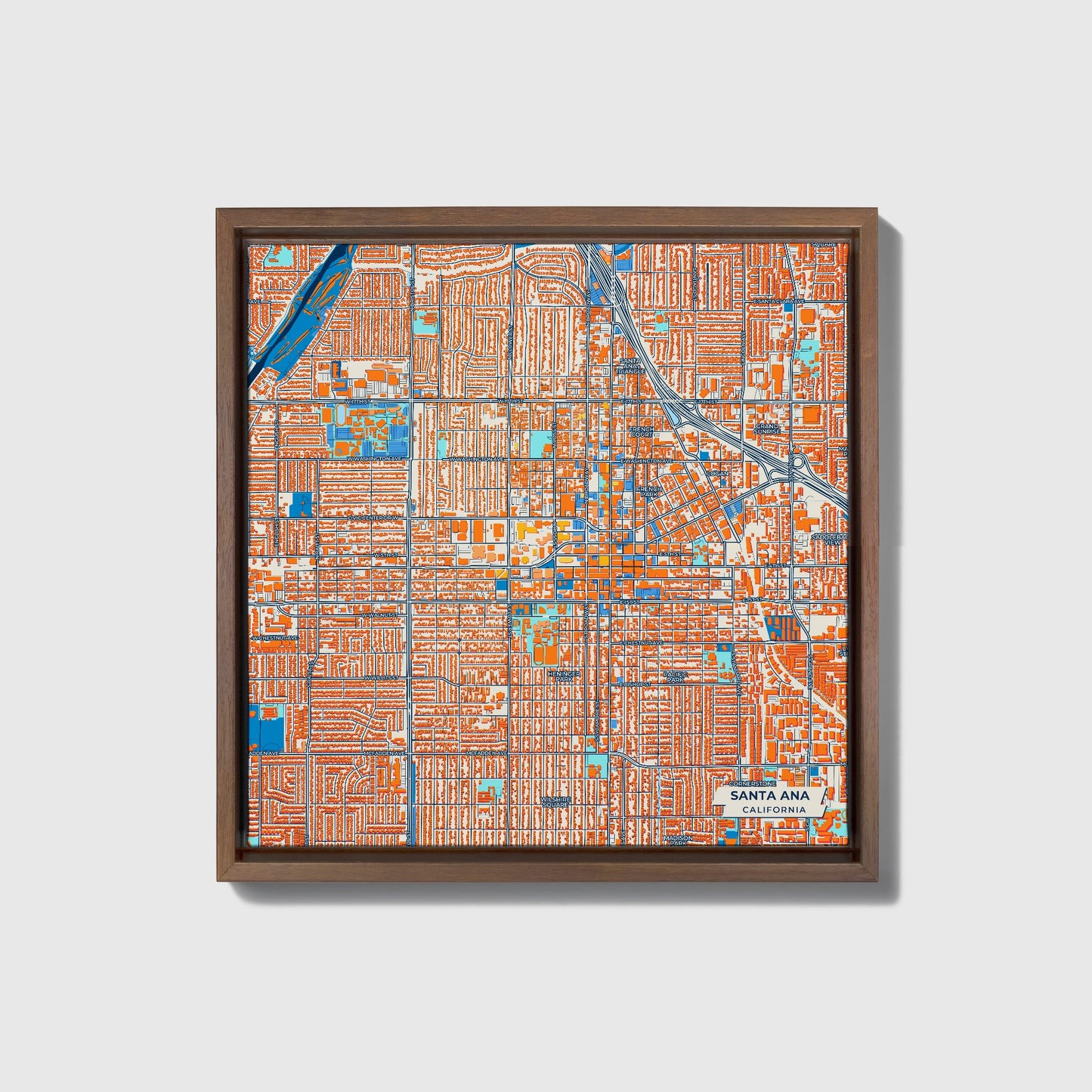 Santa Ana California Colorful City Map Canvas Print • Dark Wooden Framed