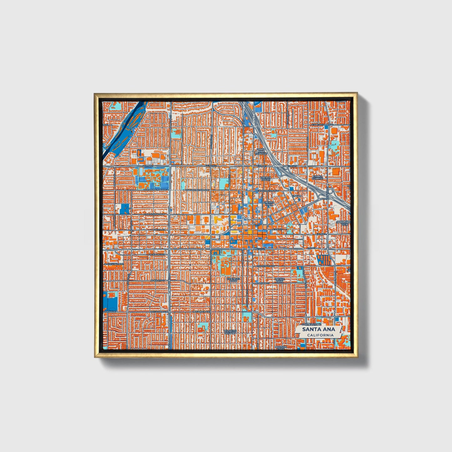 Santa Ana California Colorful City Map Canvas Print • Gold Framed