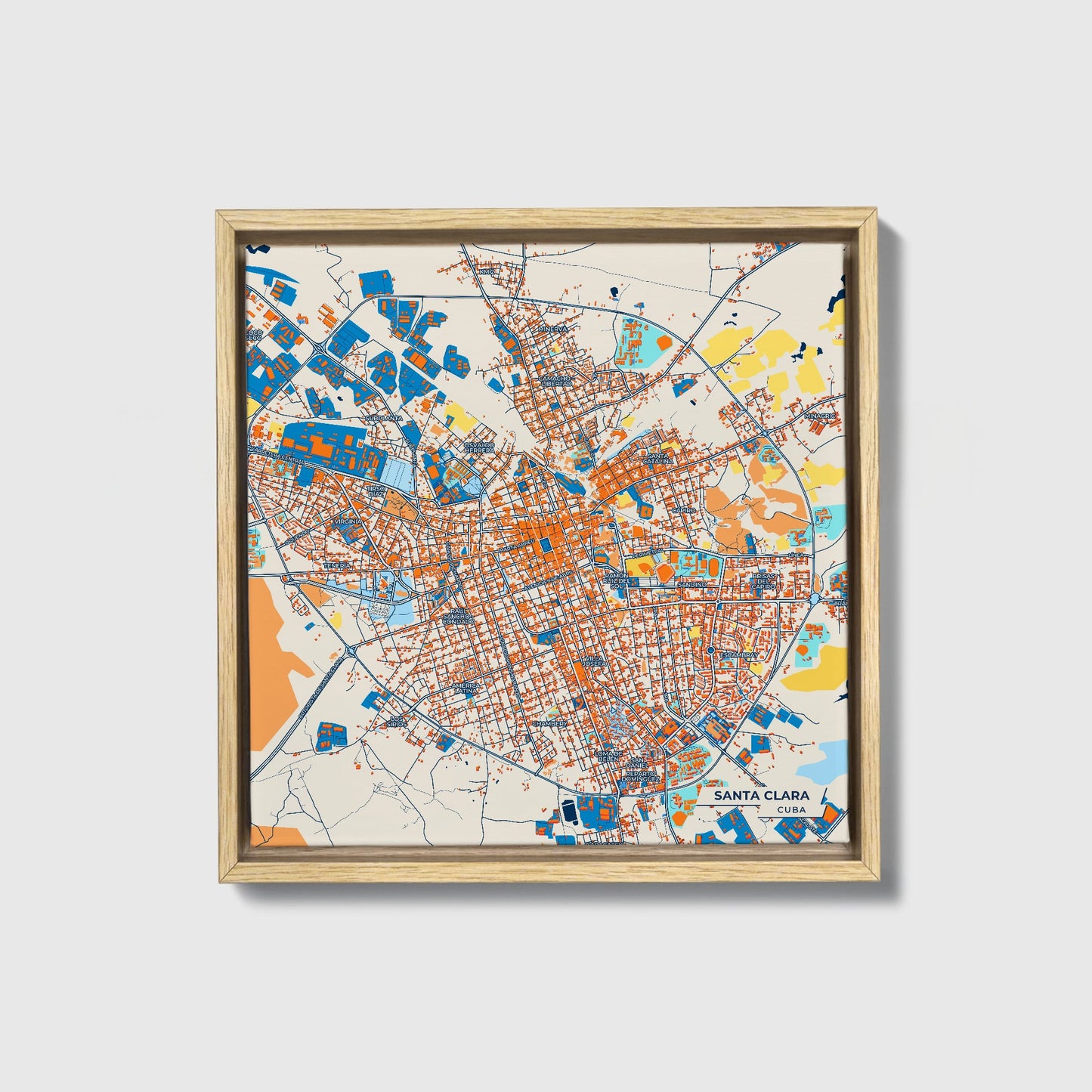 Santa Clara Cuba Colorful City Map Canvas Print • Natural Wooden Framed