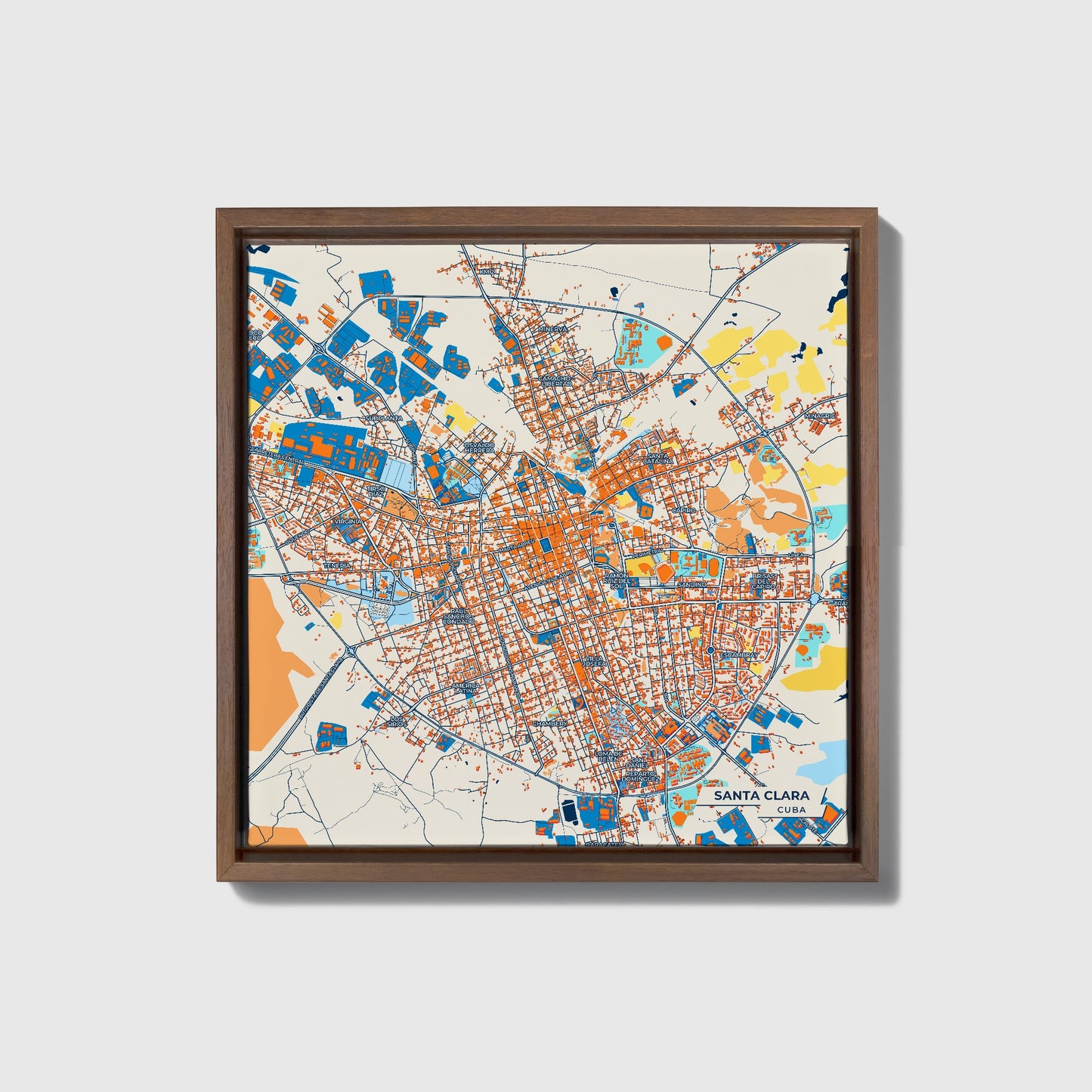 Santa Clara Cuba Colorful City Map Canvas Print • Dark Wooden Framed