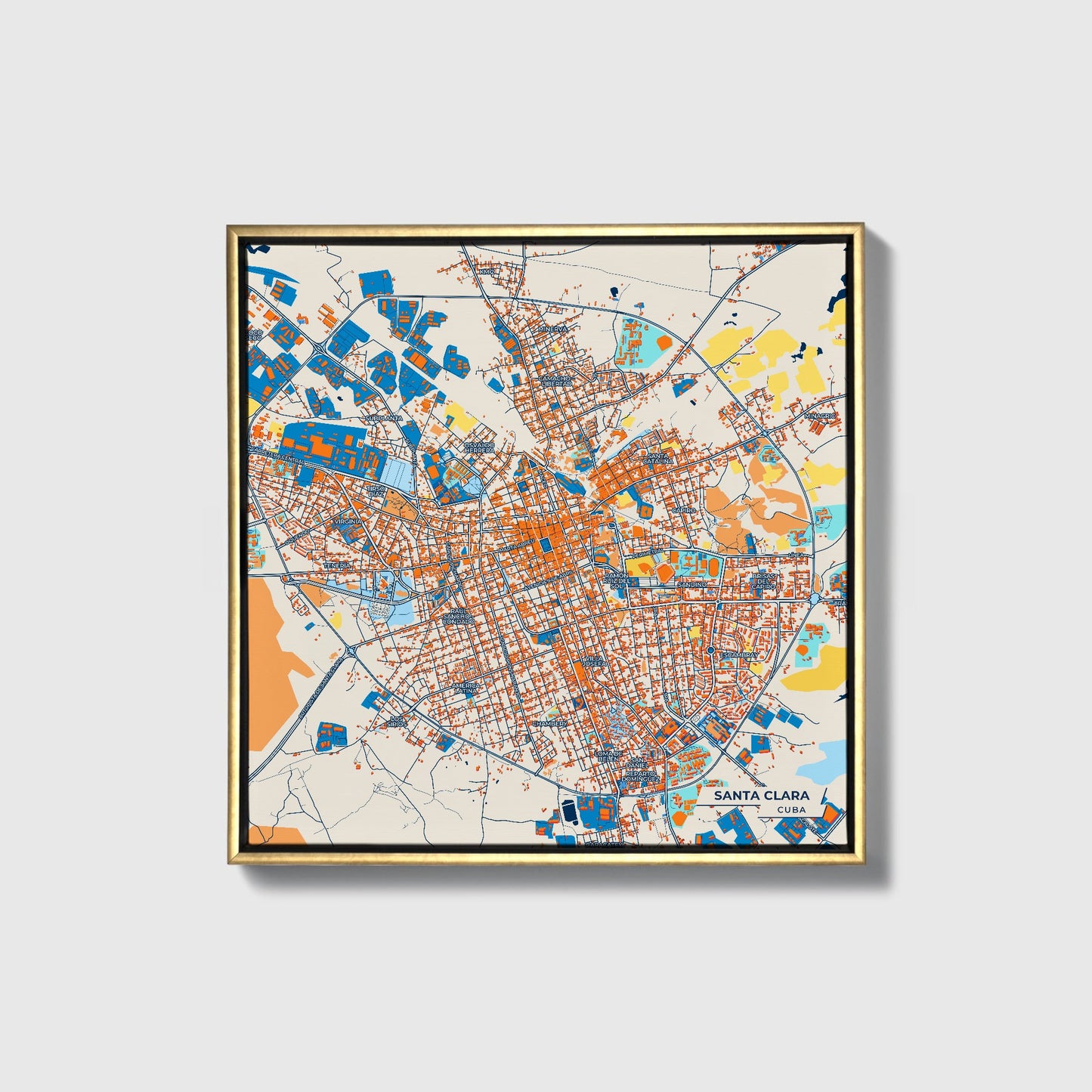Santa Clara Cuba Colorful City Map Canvas Print • Gold Framed