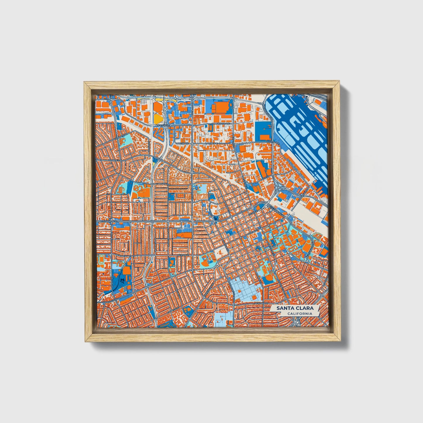 Santa Clara California Colorful City Map Canvas Print • Natural Wooden Framed