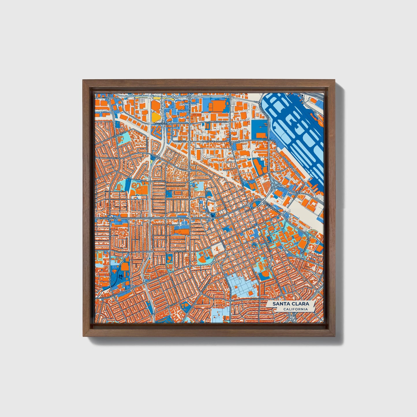 Santa Clara California Colorful City Map Canvas Print • Dark Wooden Framed