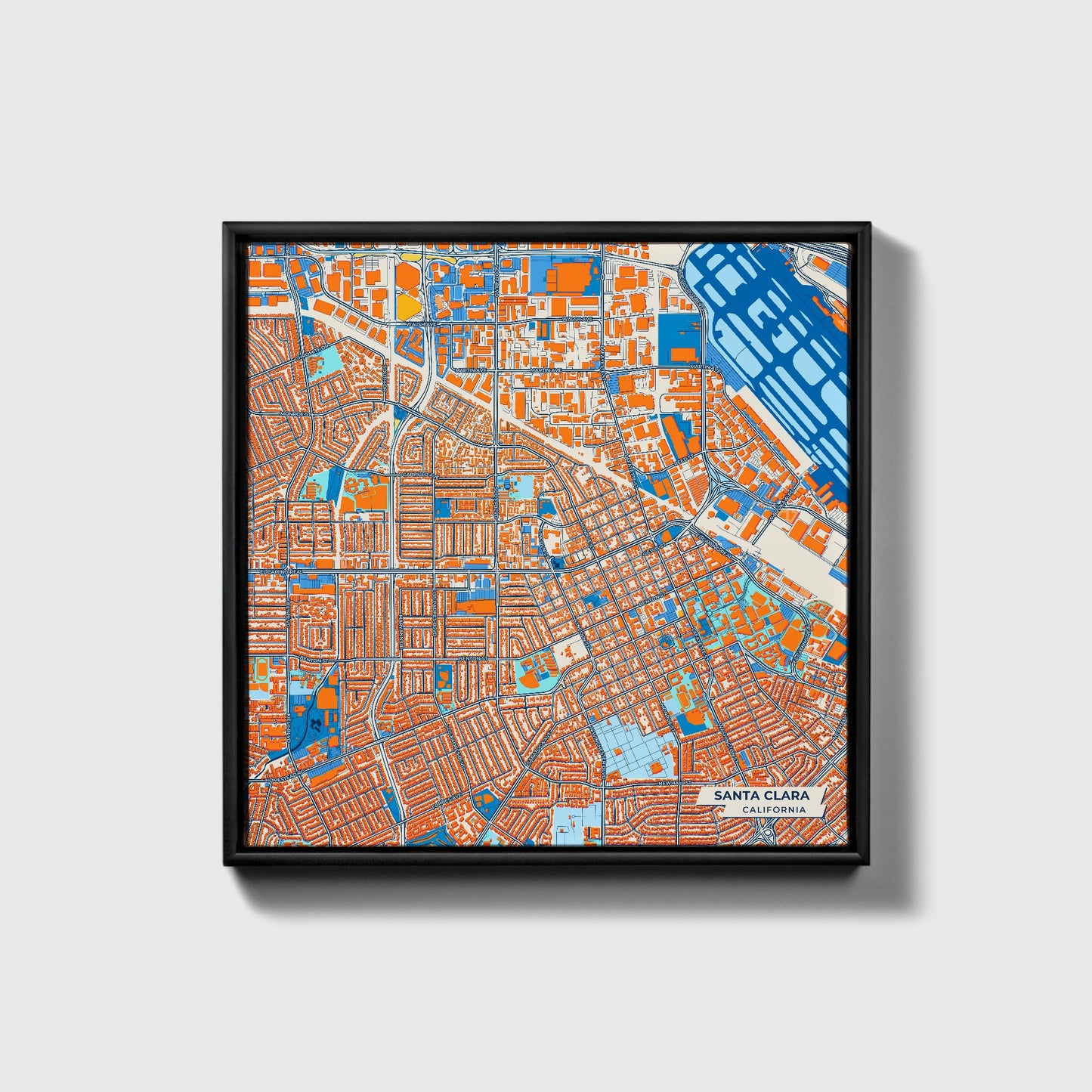 Santa Clara California Colorful City Map Canvas Print • Black Framed