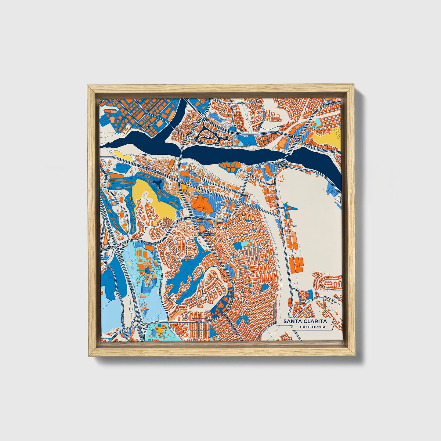 Santa Clarita California Colorful City Map Canvas Print • Natural Wooden Framed