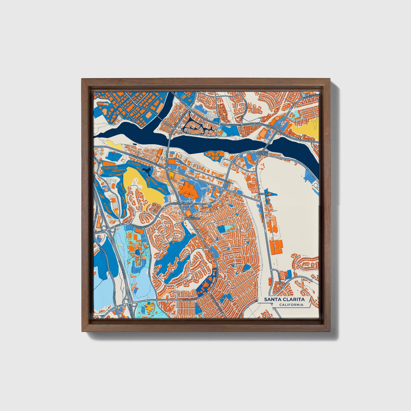 Santa Clarita California Colorful City Map Canvas Print • Dark Wooden Framed