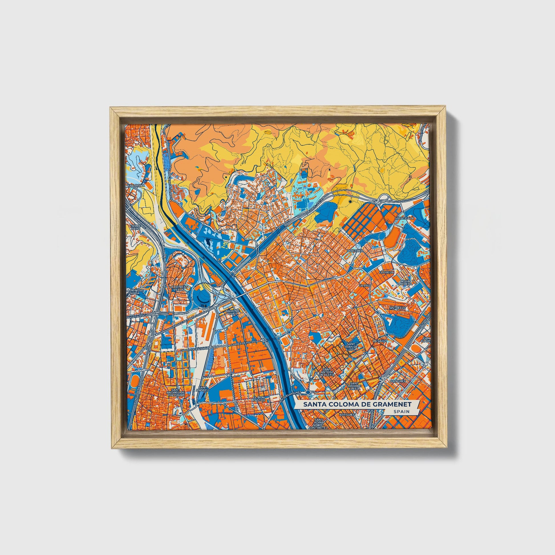 Santa Coloma De Gramenet Spain Colorful City Map Canvas Print • Natural Wooden Framed