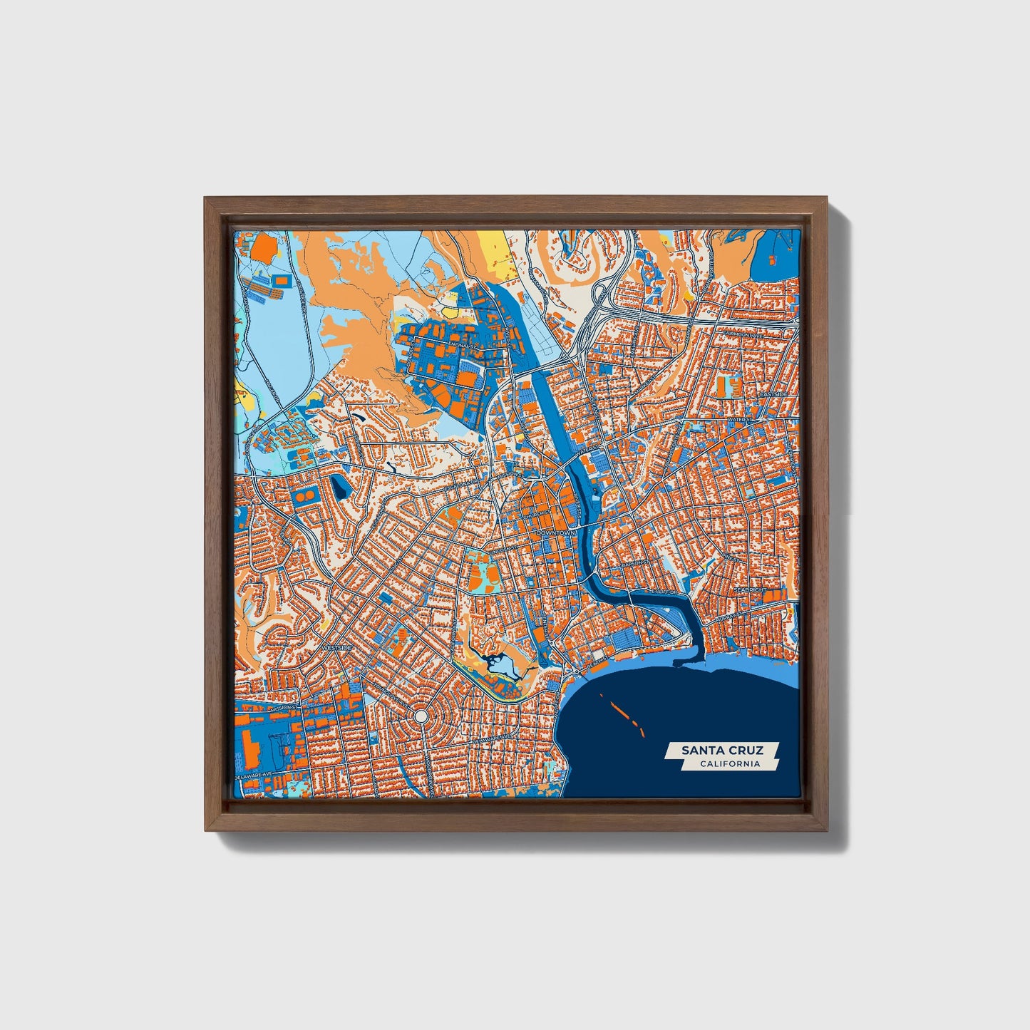 Santa Cruz California Colorful City Map Canvas Print • Dark Wooden Framed
