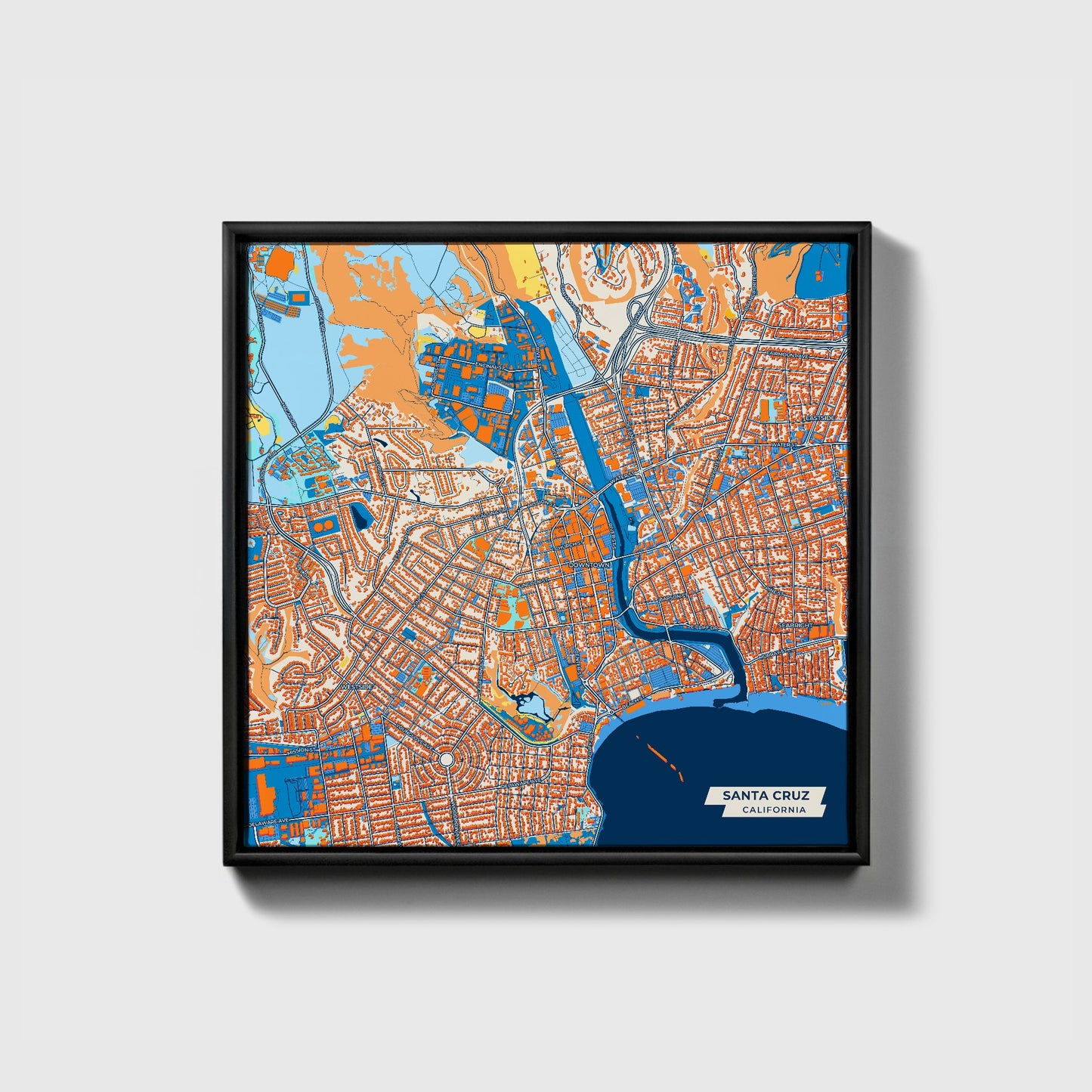 Santa Cruz California Colorful City Map Canvas Print • Black Framed