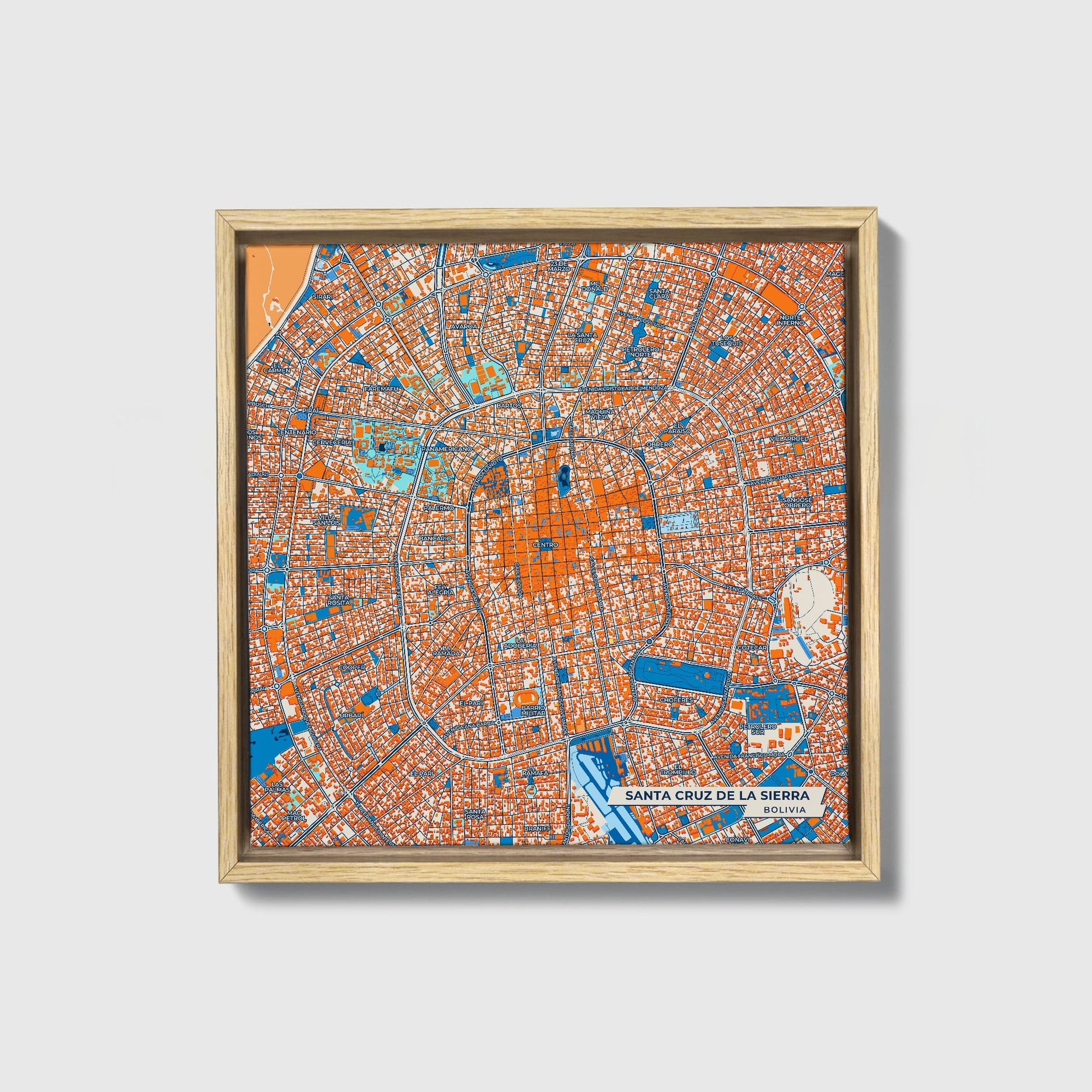Santa Cruz De La Sierra Bolivia Colorful City Map Canvas Print • Natural Wooden Framed
