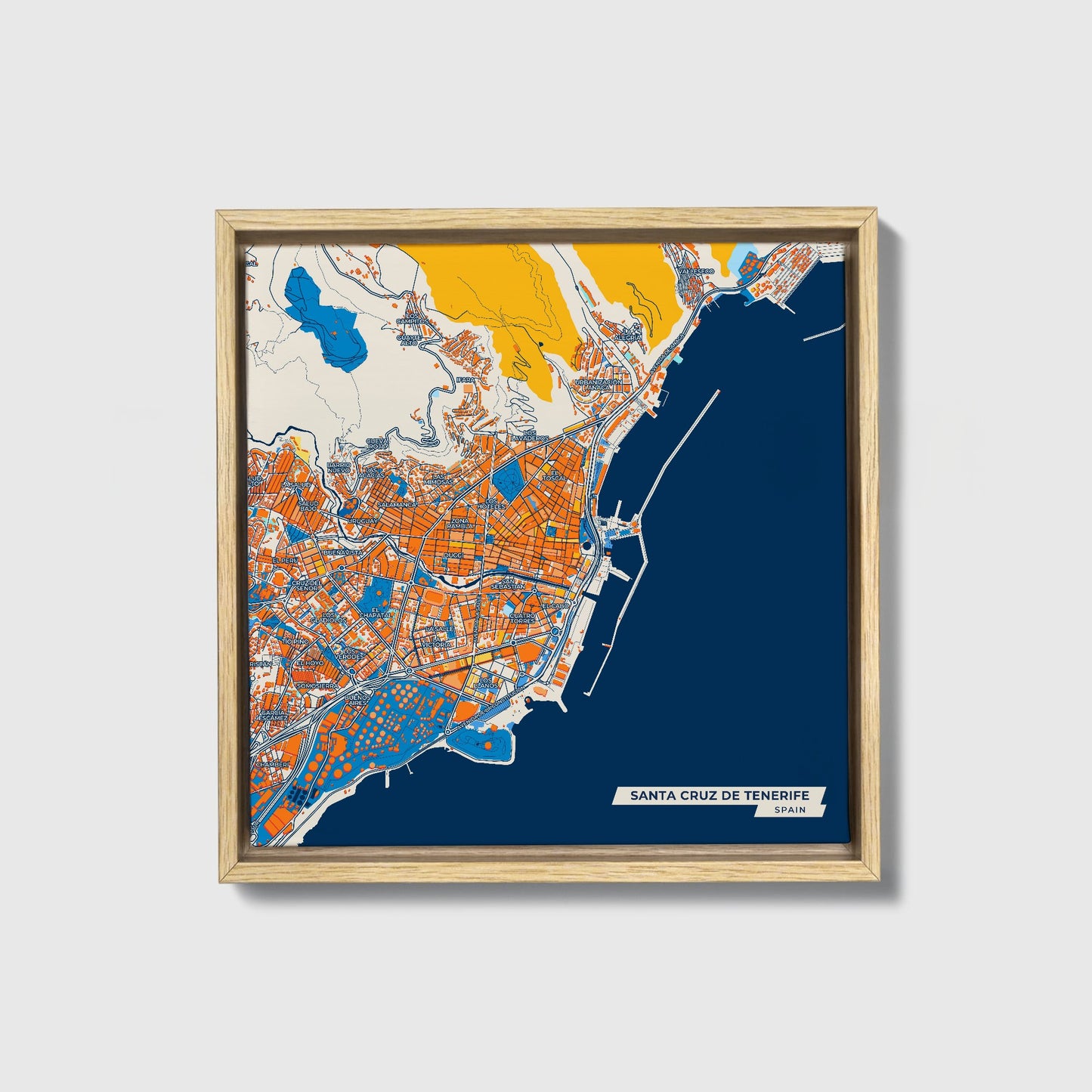 Santa Cruz De Tenerife Spain Colorful City Map Canvas Print • Natural Wooden Framed