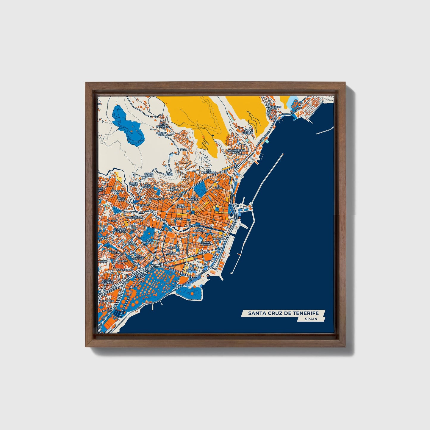Santa Cruz De Tenerife Spain Colorful City Map Canvas Print • Dark Wooden Framed