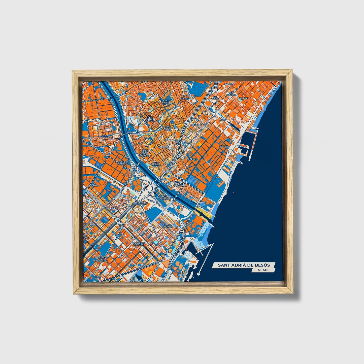 Sant Adrià De Besòs Spain Colorful City Map Canvas Print • Natural Wooden Framed