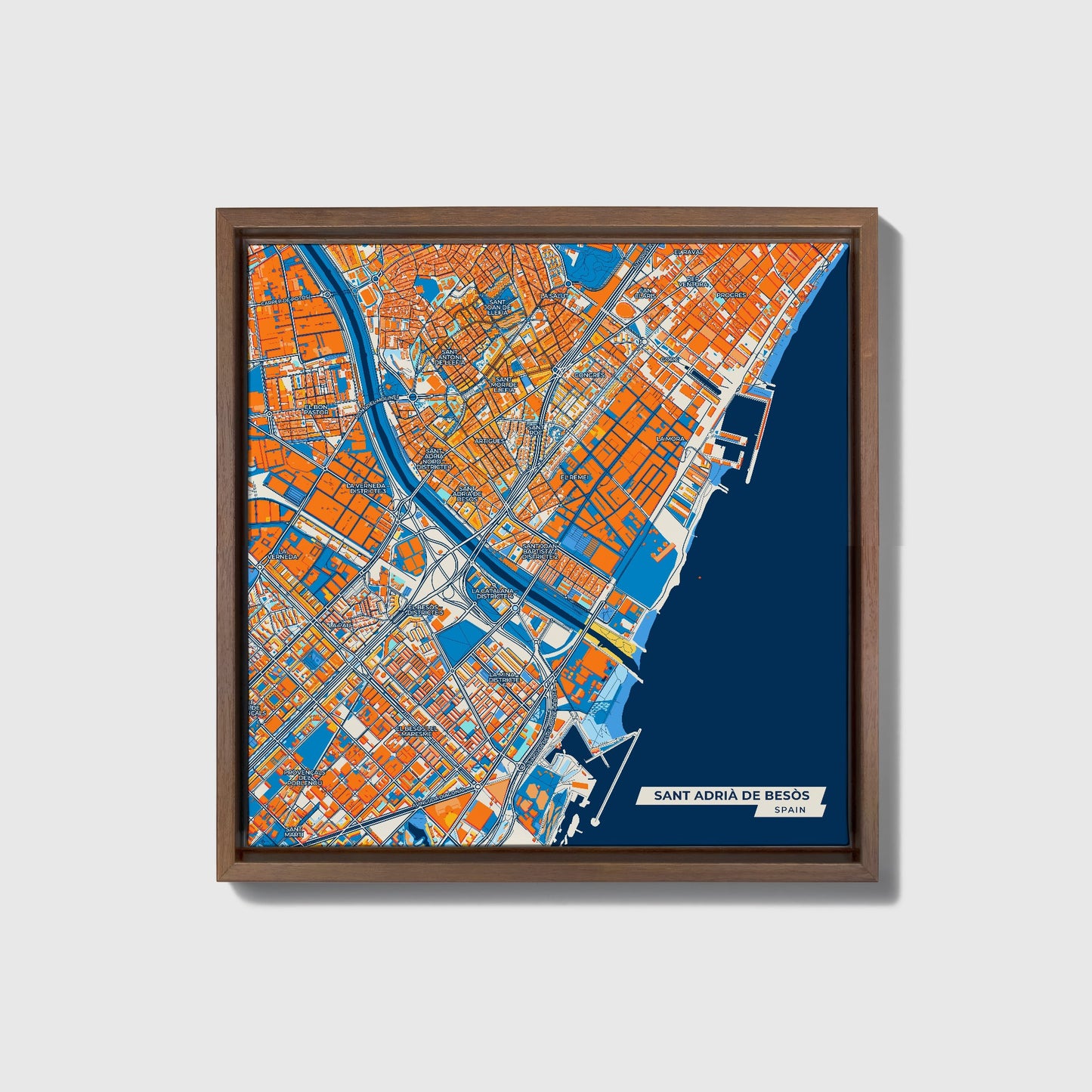 Sant Adrià De Besòs Spain Colorful City Map Canvas Print • Dark Wooden Framed