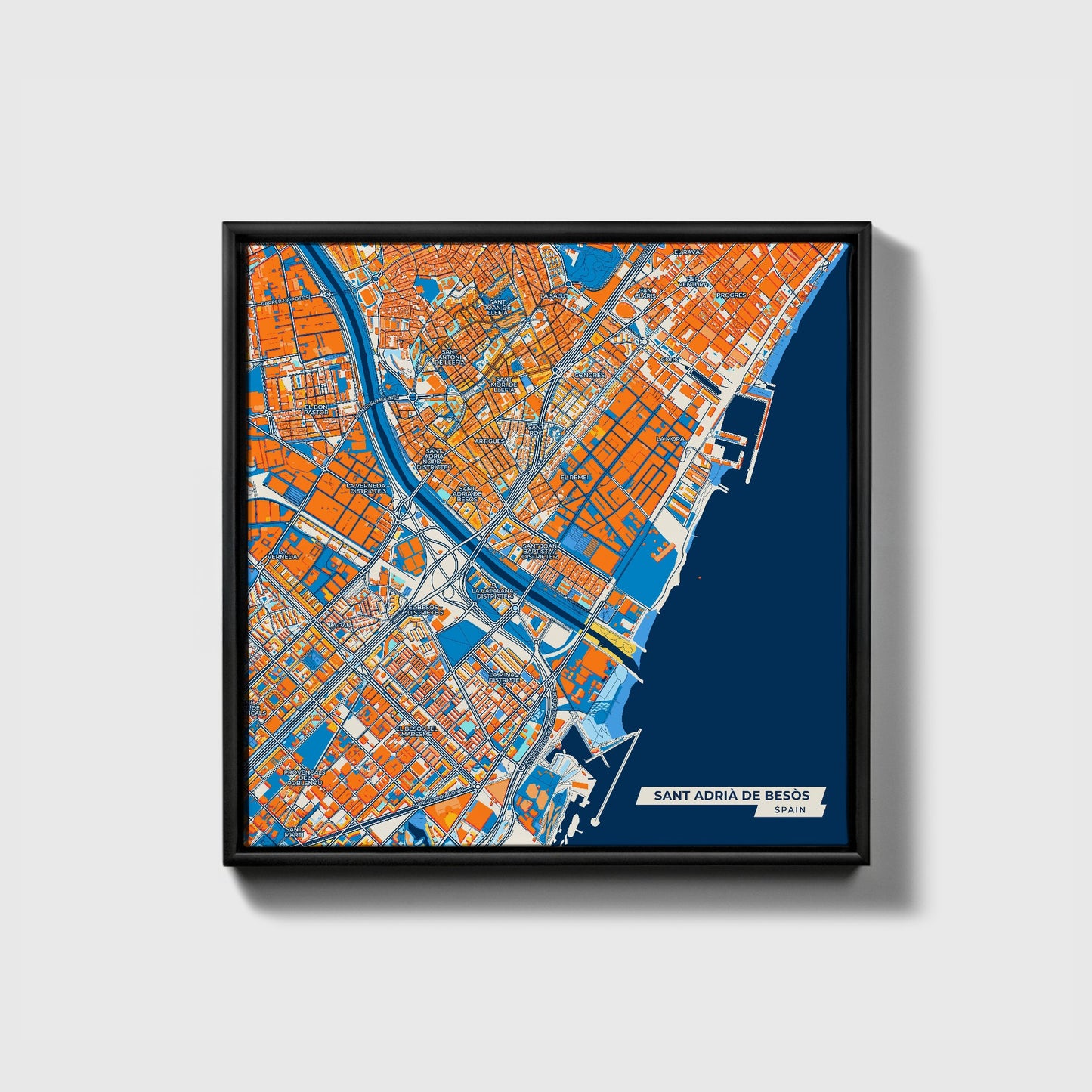 Sant Adrià De Besòs Spain Colorful City Map Canvas Print • Black Framed