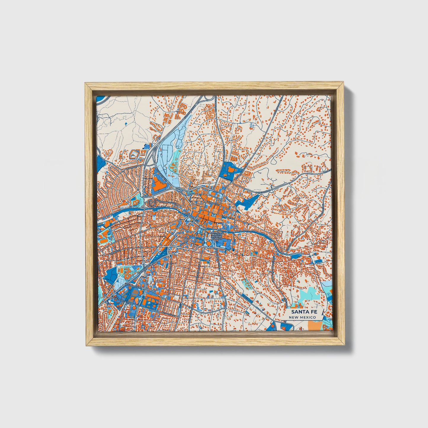 Santa Fe New Mexico Colorful City Map Canvas Print • Natural Wooden Framed