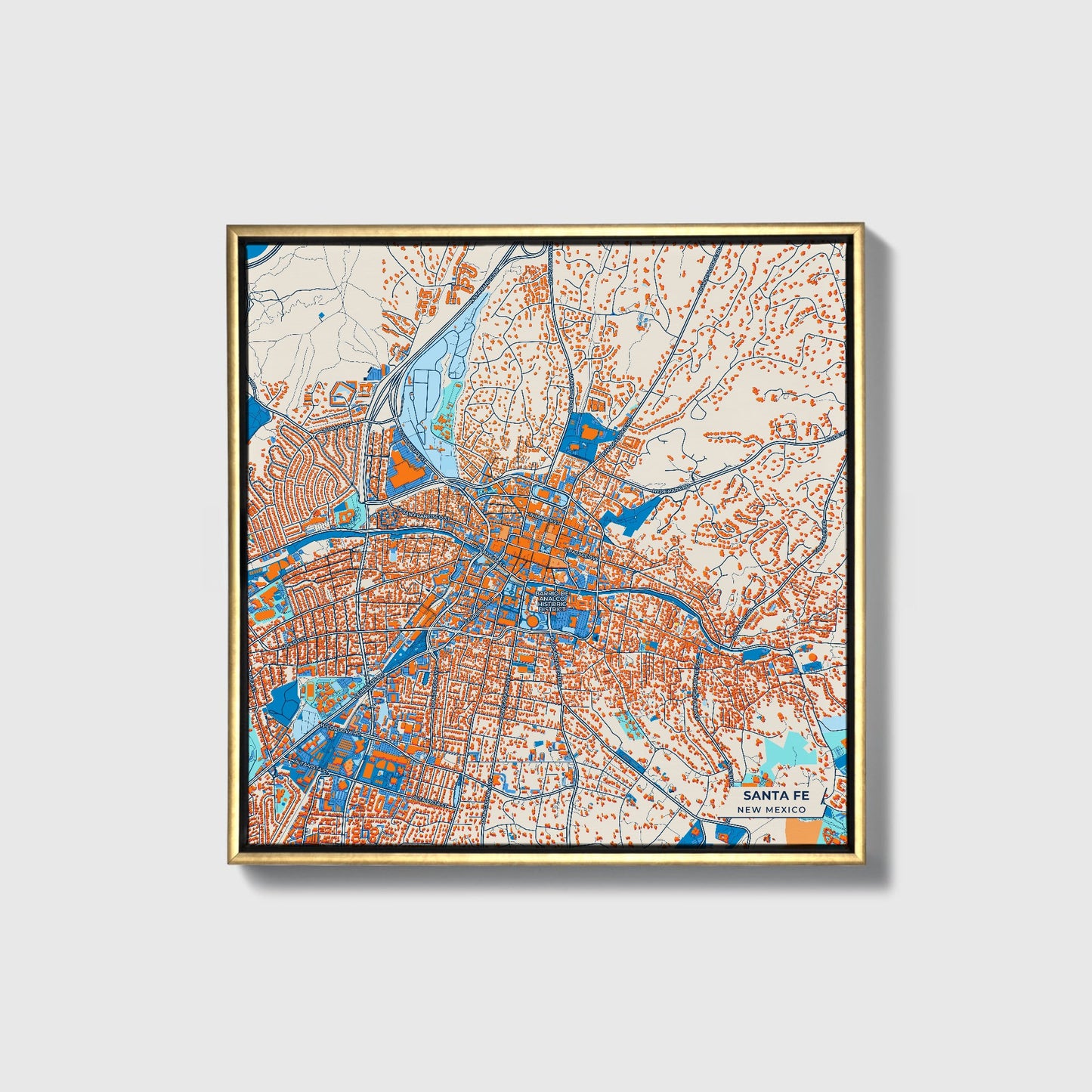 Santa Fe New Mexico Colorful City Map Canvas Print • Gold Framed