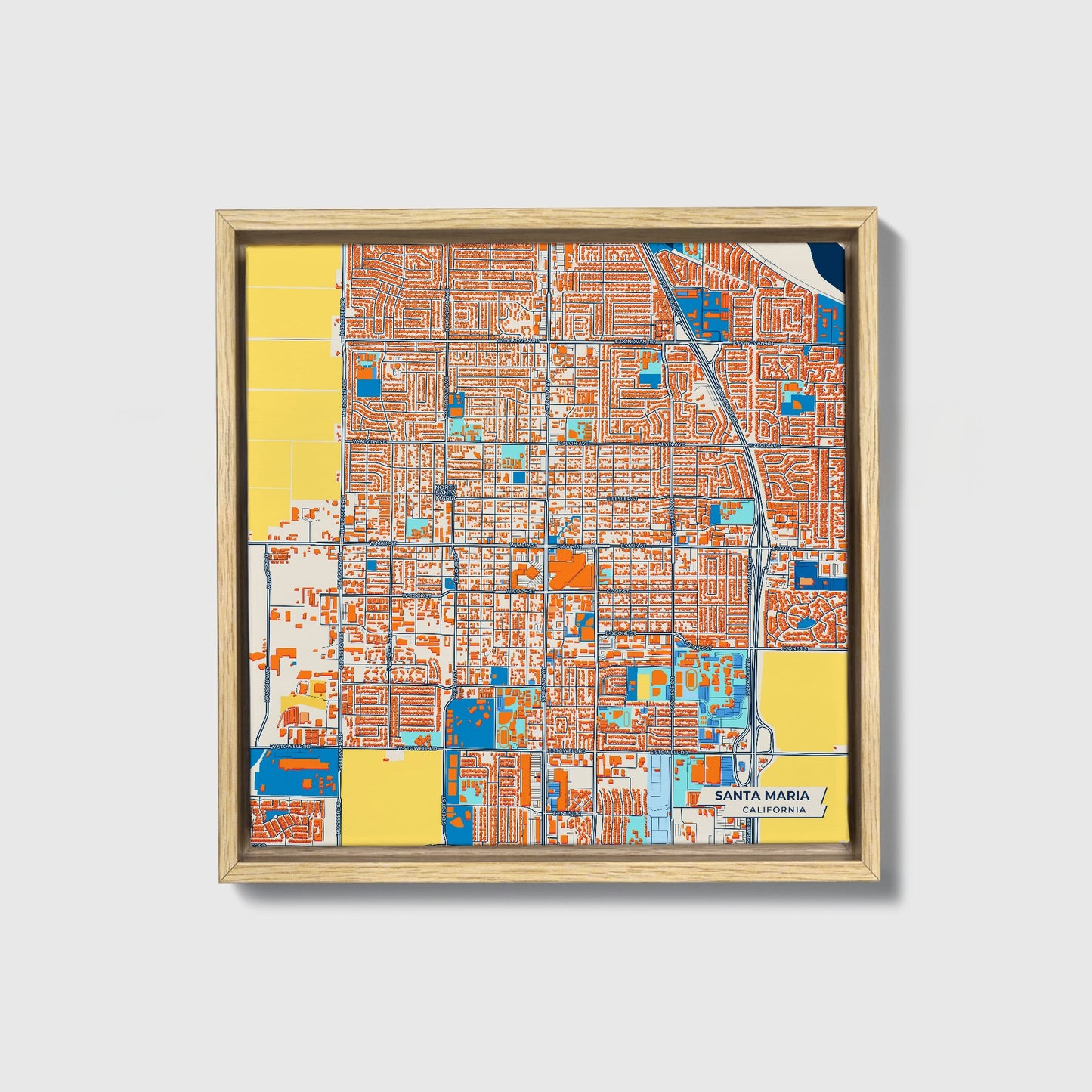 Santa Maria California Colorful City Map Canvas Print • Natural Wooden Framed