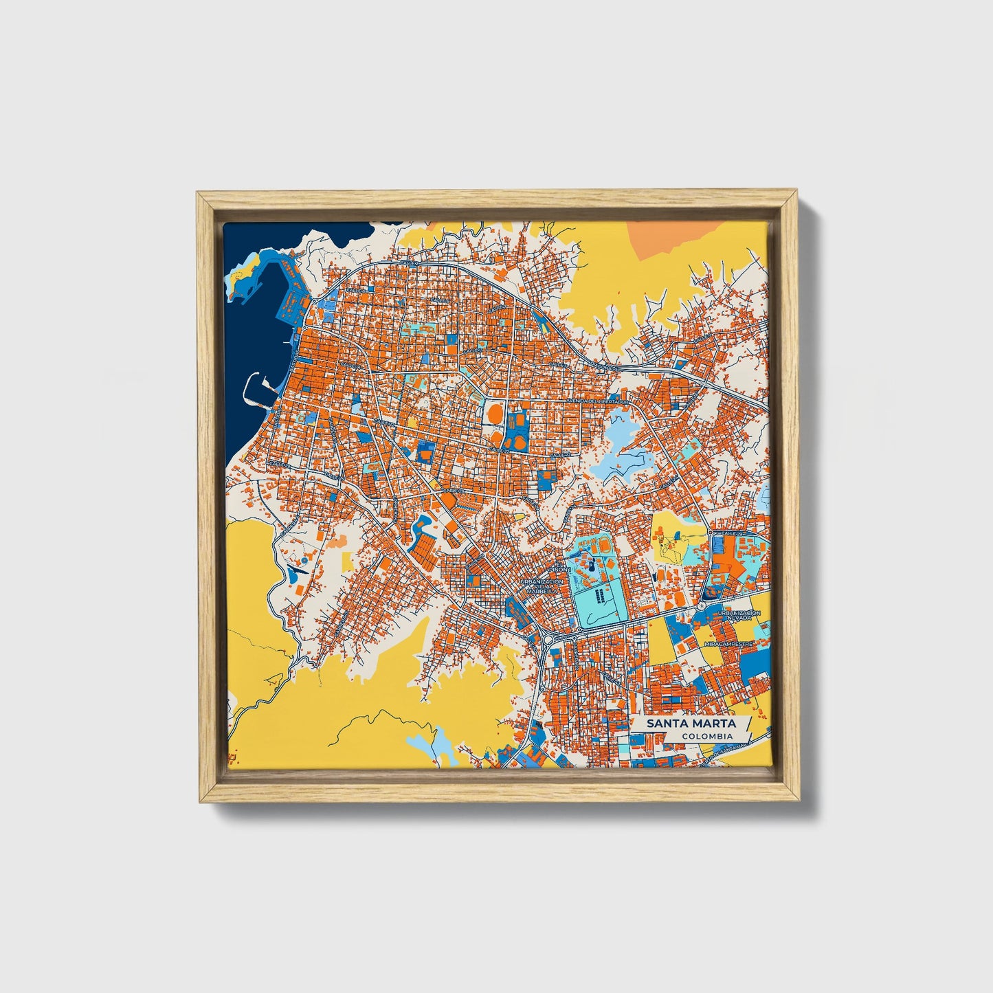Santa Marta Colombia Colorful City Map Canvas Print • Natural Wooden Framed