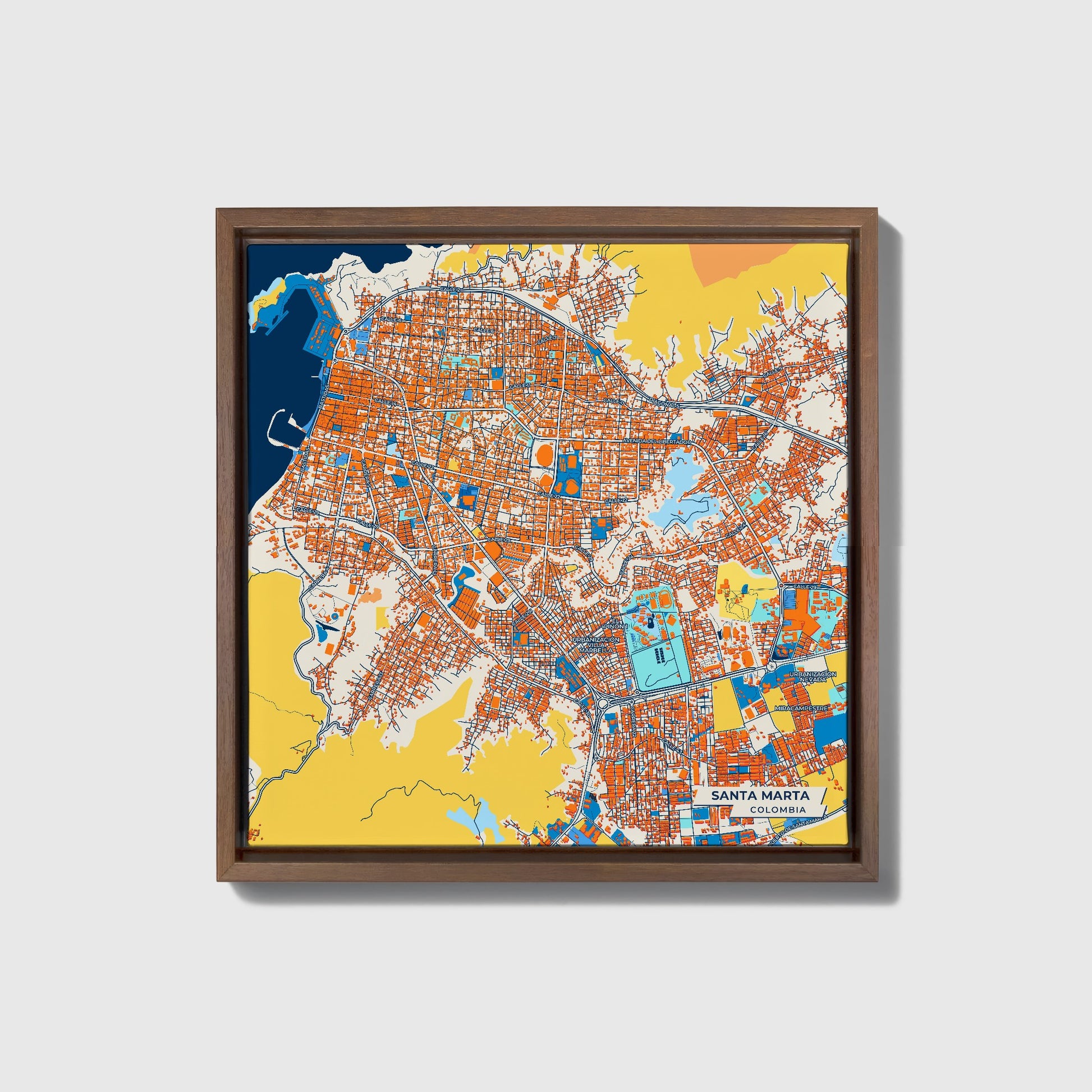 Santa Marta Colombia Colorful City Map Canvas Print • Dark Wooden Framed