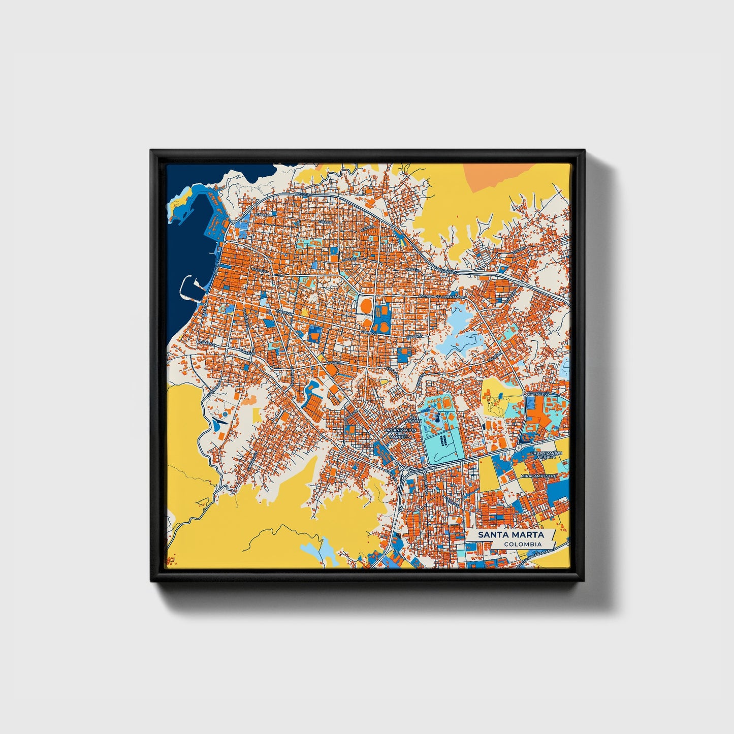 Santa Marta Colombia Colorful City Map Canvas Print • Black Framed