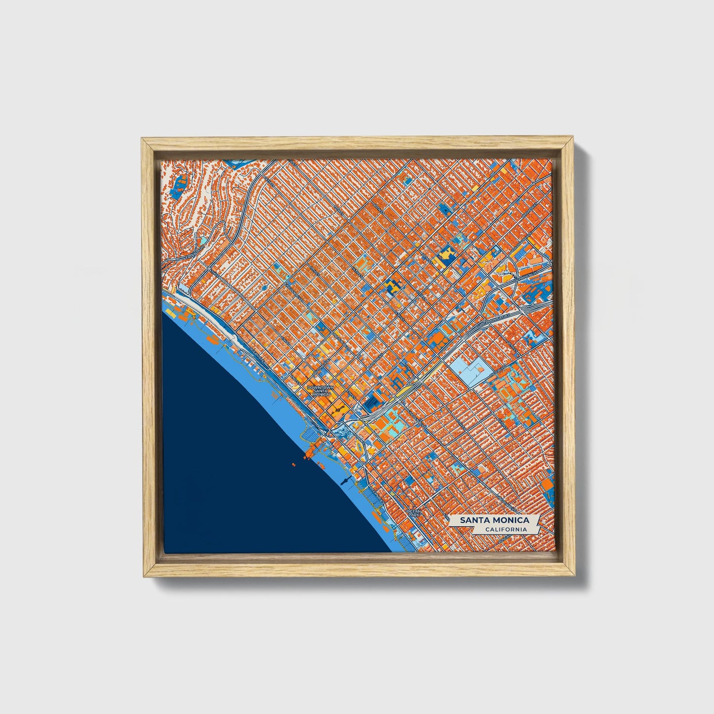 Santa Monica California Colorful City Map Canvas Print • Natural Wooden Framed