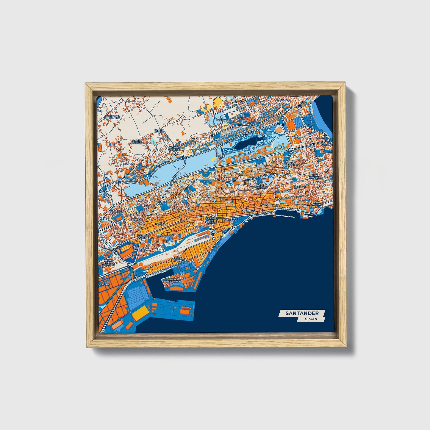 Santander Spain Colorful City Map Canvas Print • Natural Wooden Framed