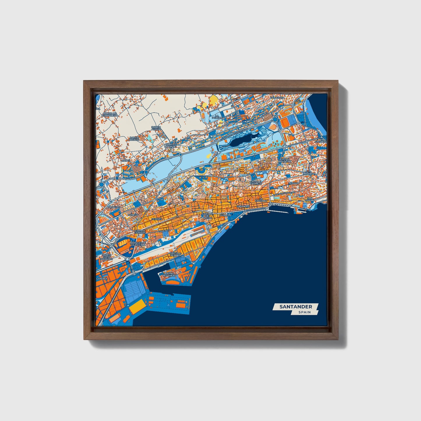 Santander Spain Colorful City Map Canvas Print • Dark Wooden Framed