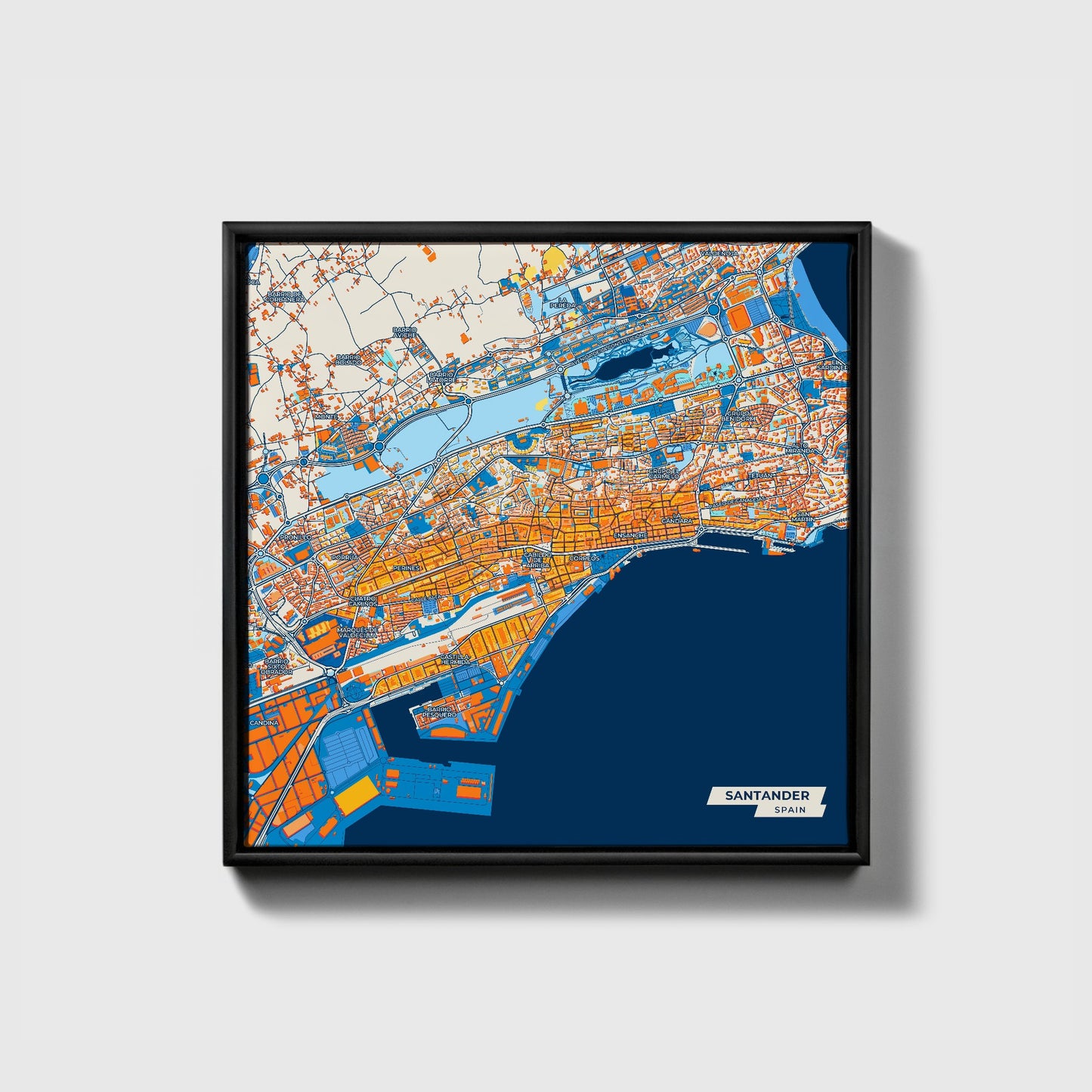 Santander Spain Colorful City Map Canvas Print • Black Framed