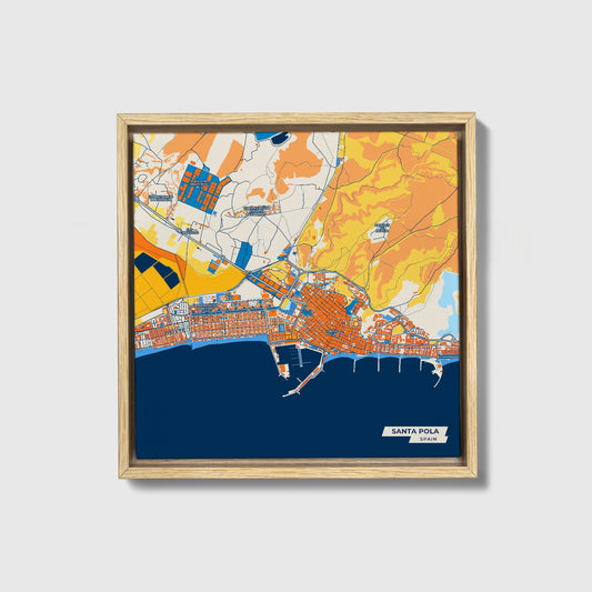 Santa Pola Spain Colorful City Map Canvas Print • Natural Wooden Framed
