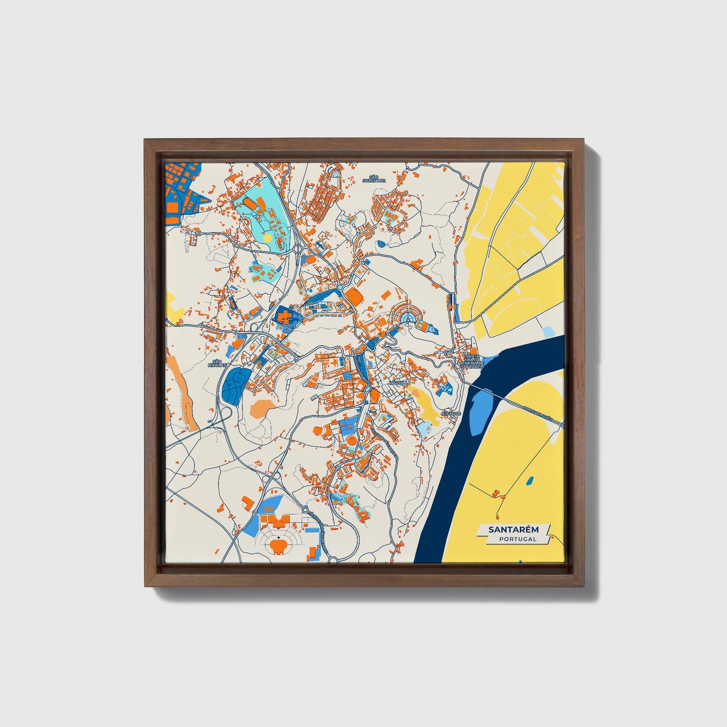Santarém Portugal Colorful City Map Canvas Print • Dark Wooden Framed