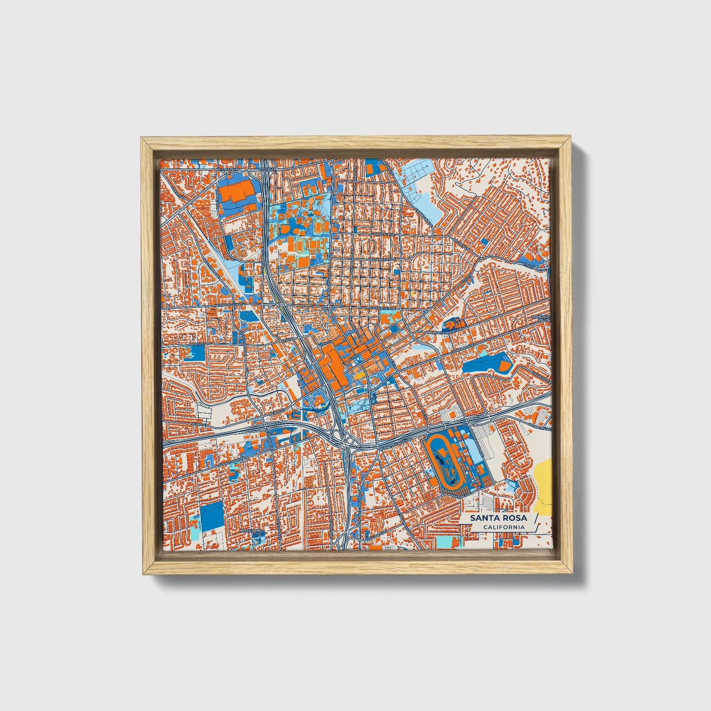 Santa Rosa California Colorful City Map Canvas Print • Natural Wooden Framed