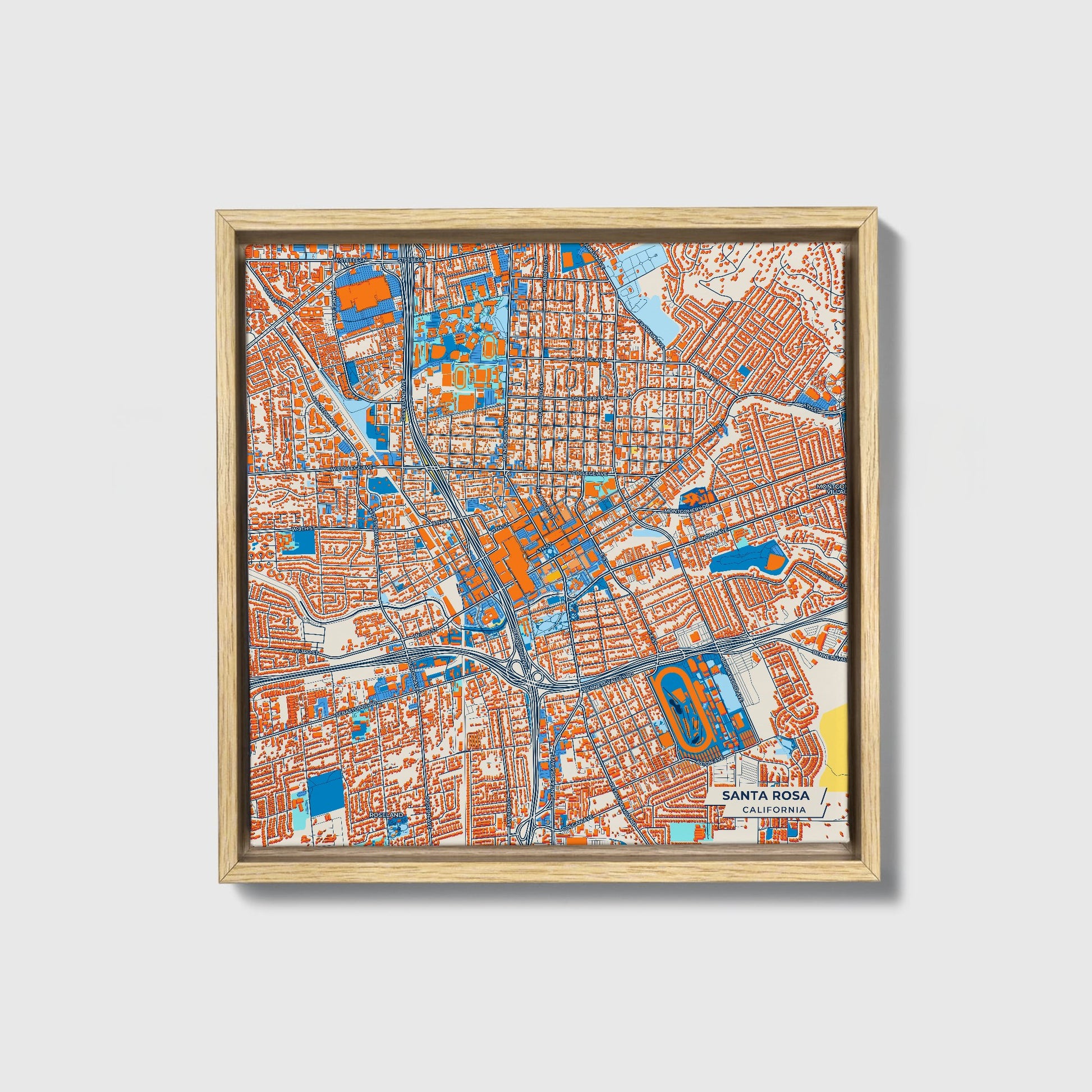 Santa Rosa California Colorful City Map Canvas Print • Natural Wooden Framed