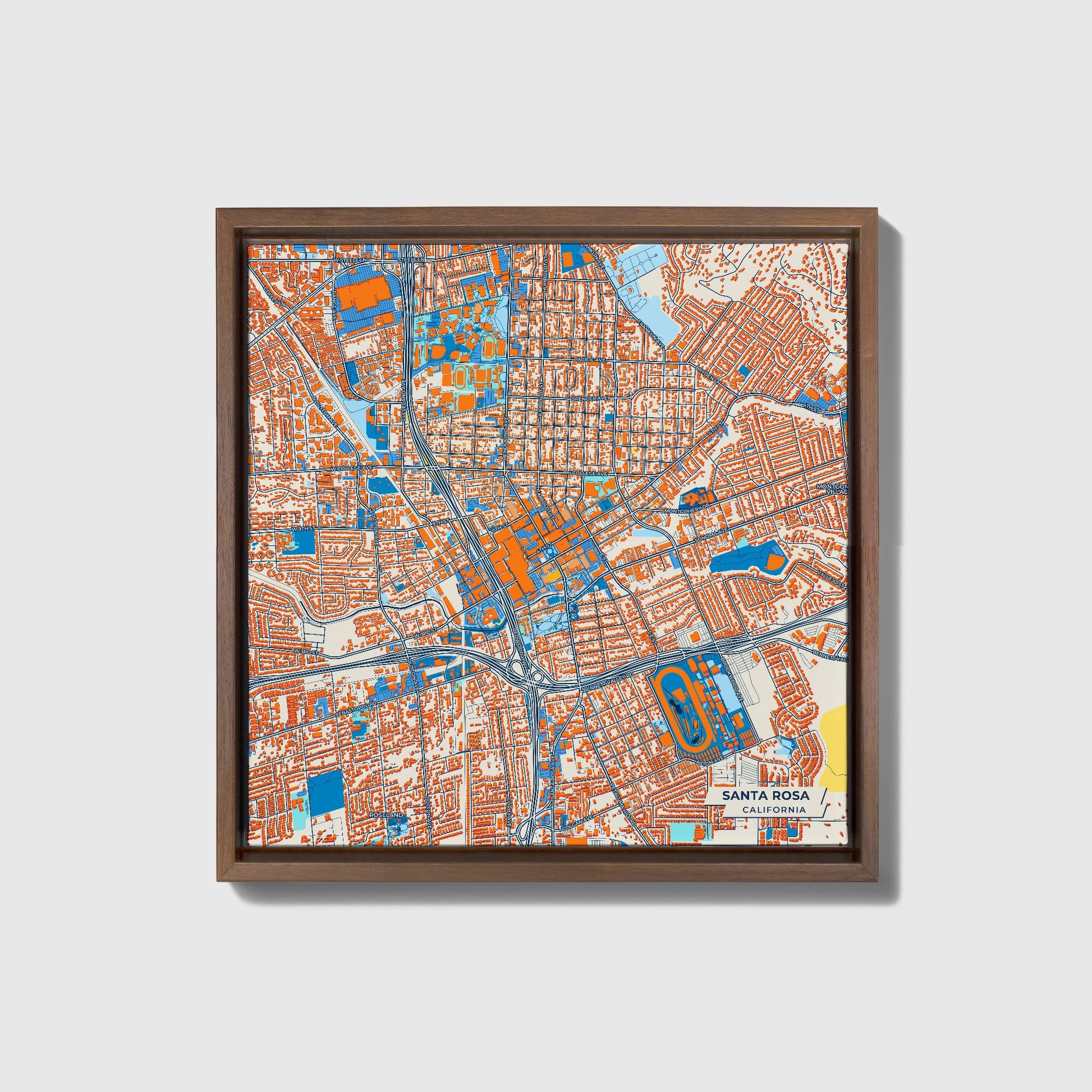 Santa Rosa California Colorful City Map Canvas Print • Dark Wooden Framed