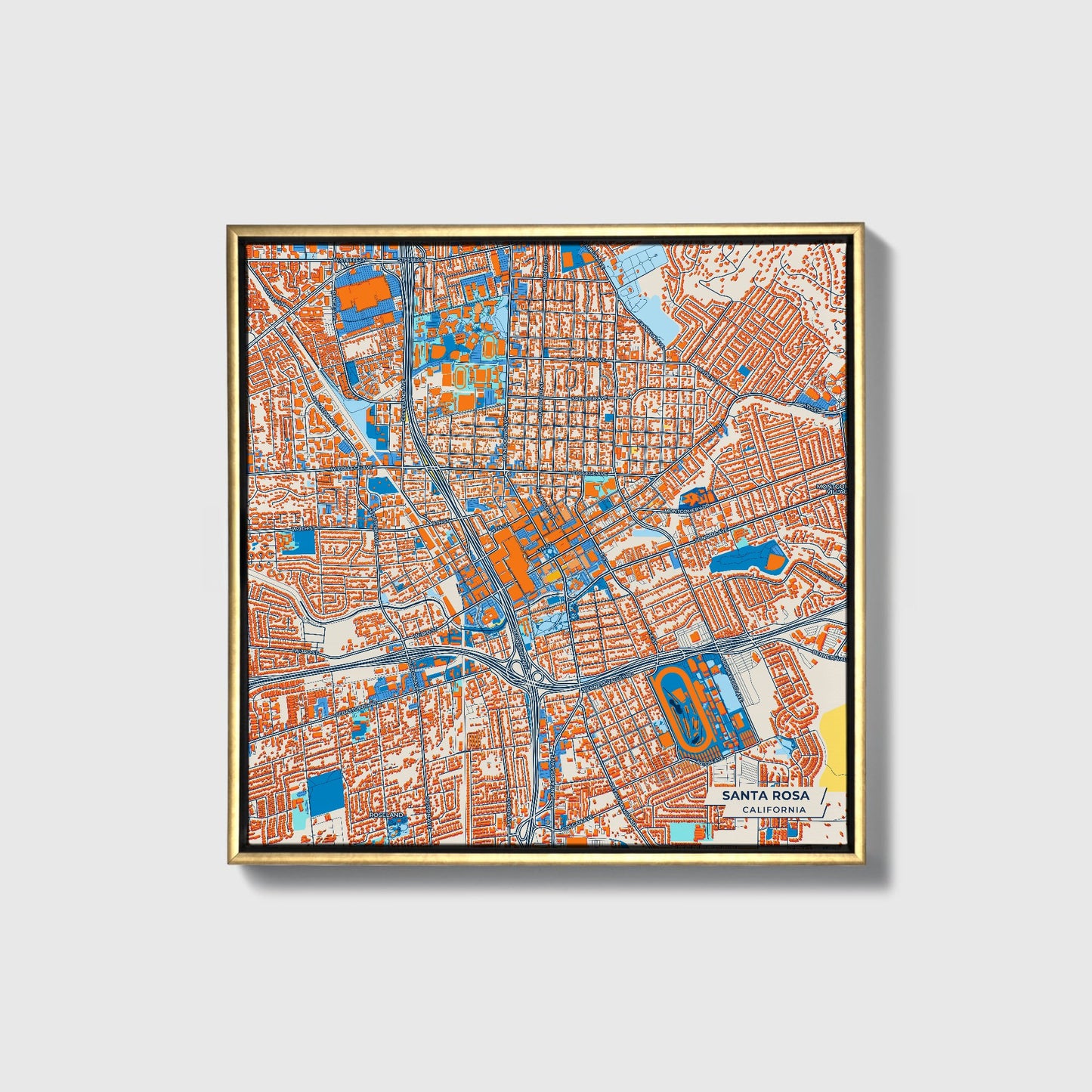 Santa Rosa California Colorful City Map Canvas Print • Gold Framed