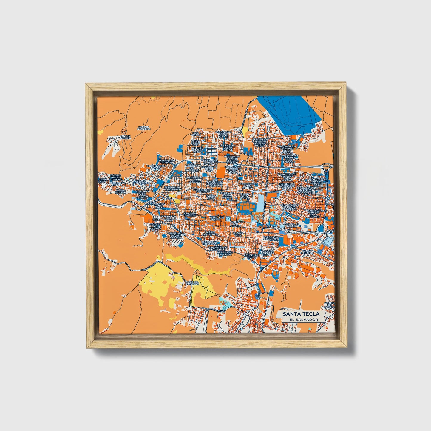 Santa Tecla El Salvador Colorful City Map Canvas Print • Natural Wooden Framed