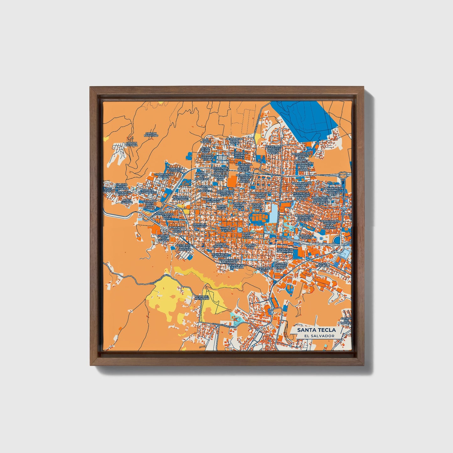 Santa Tecla El Salvador Colorful City Map Canvas Print • Dark Wooden Framed